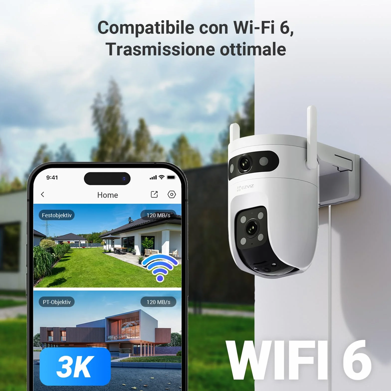 EZVIZ 10MP (5MP+5MP) Telecamera WiFi Esterno con Doppia Lente, Telecamera per Esterni a 360°, Visione Notturna a Colori, Rilevamento Persone/Veicoli, Audio Bidirezionale, Impermeabile, C9c Dual 3K