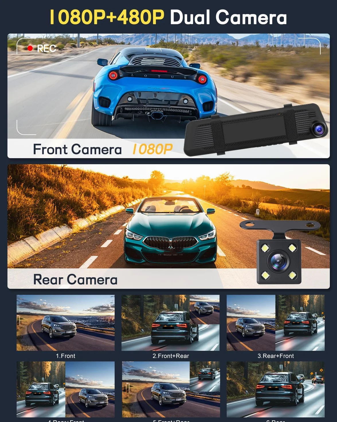 NHOPEEW 1080P Dash Cam con schermo da 4,5 pollici, telecamera anteriore e posteriore, registrazione in loop, linee guida per il parcheggio, visione notturna + scheda da 32 GB