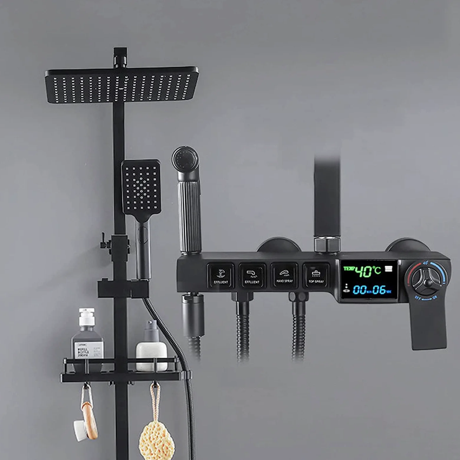 Sistema Doccia Nero con Display Digitale, Set Rubinetto termostatico, Miscelatore in Ottone con soffione a Pioggia, doccetta, doccetta Bidet, beccuccio Vasca, Altezza Doccia Regola