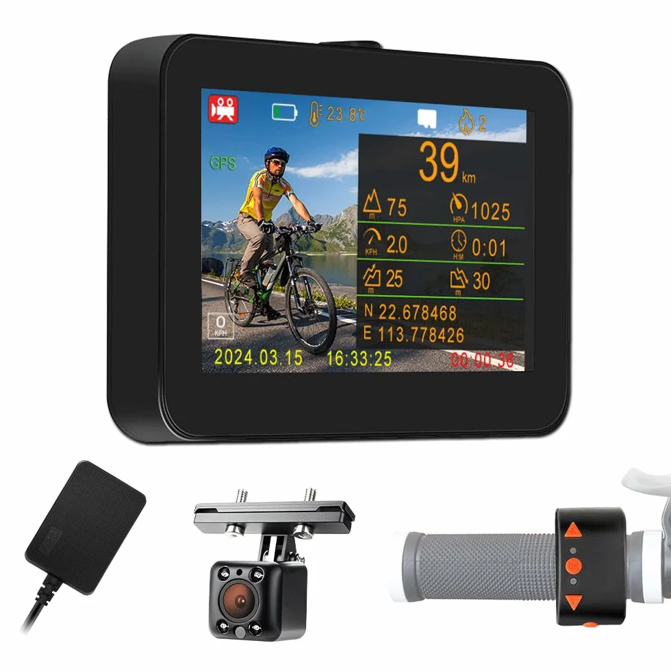 Telecamera posteriore per bicicletta VSYSTO, display HD impermeabile da 4,3 pollici con GPS, controller cablato, visione notturna a infrarossi, display di temperatura e calorie