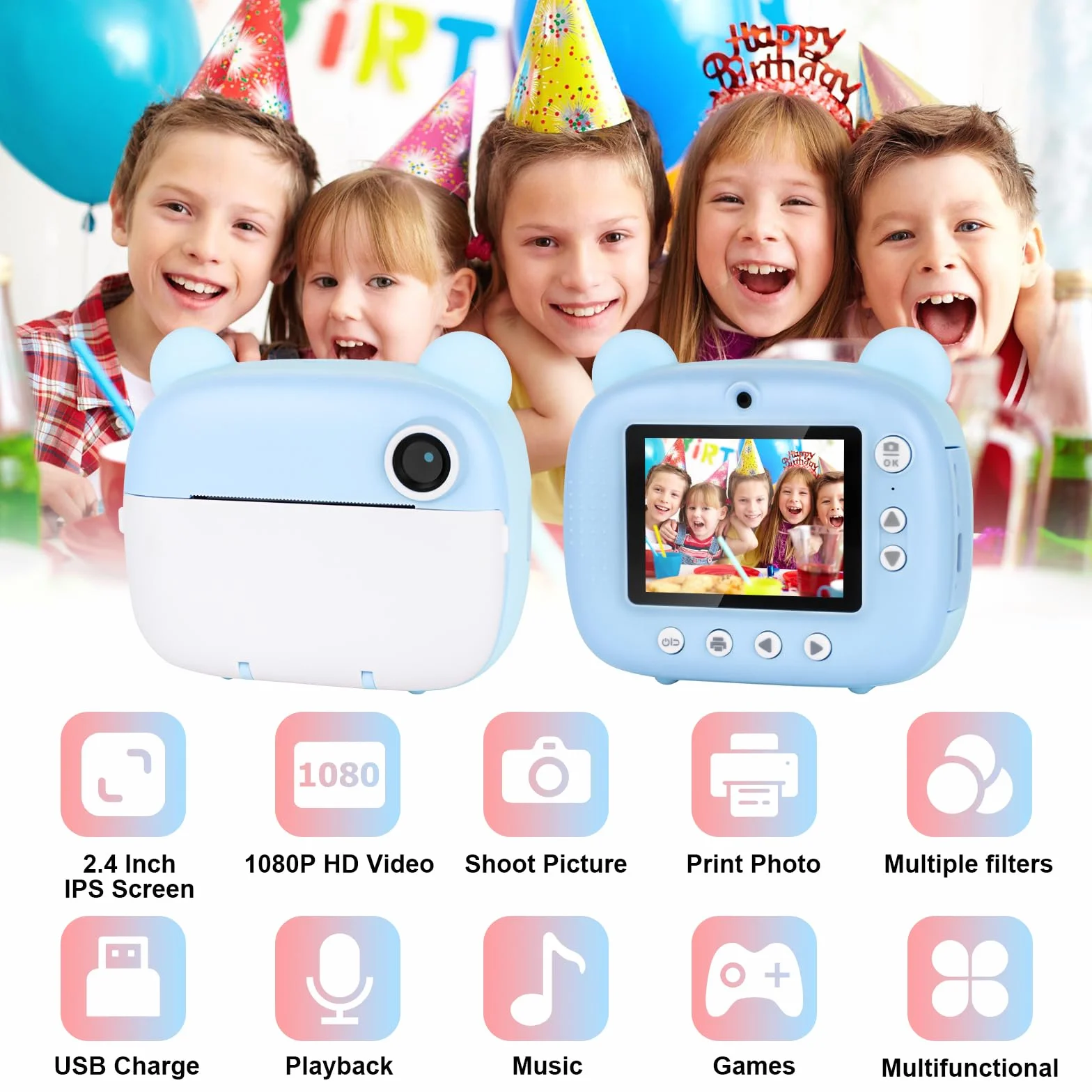 Fotocamera per bambini, 1080 p, fotocamera istantanea per bambini, con carta da 32 gb e carta fotografica, 3 – 12 anni, regalo di Natale per ragazze ragazzi (blu)