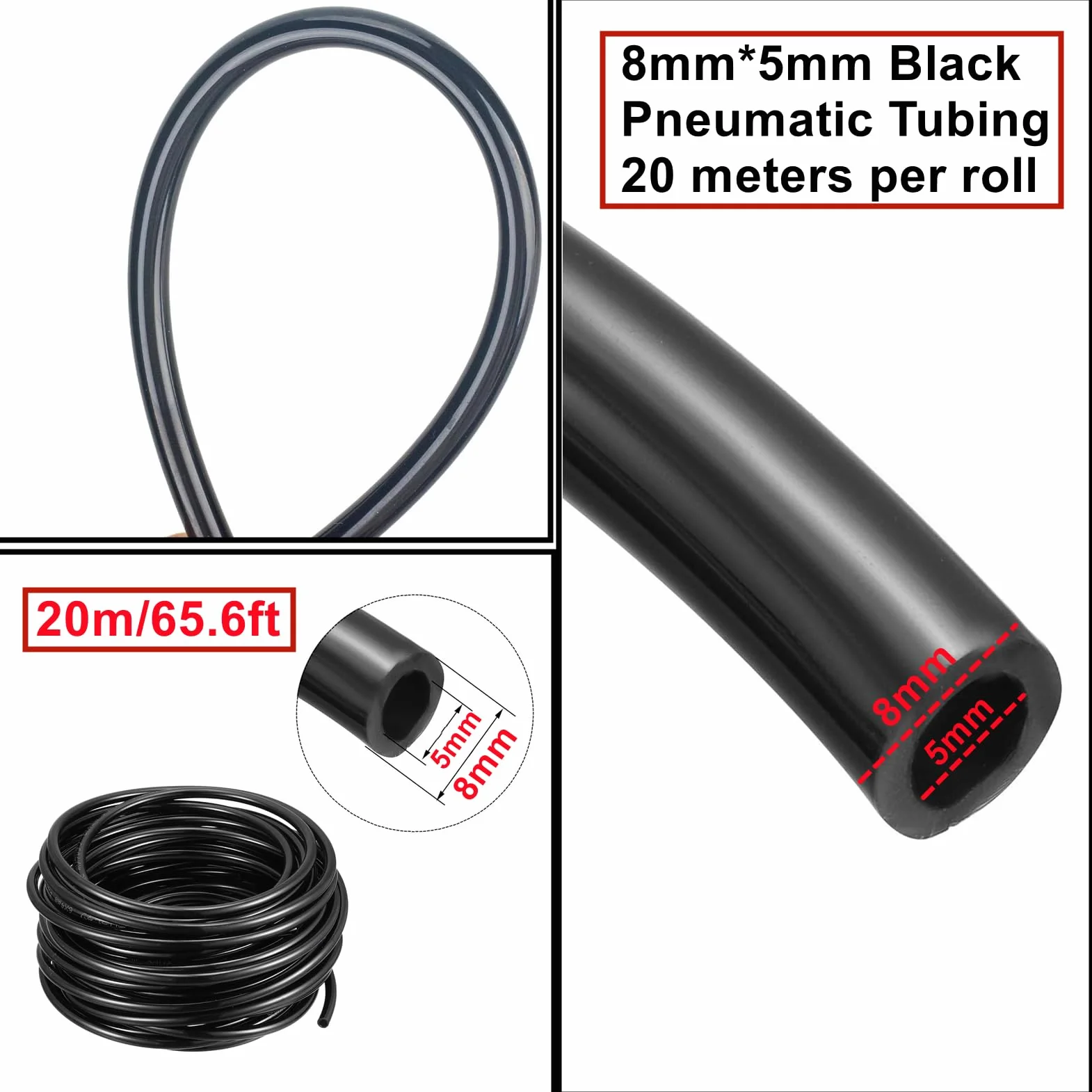 Tubo Pneumatico Aria Compressa 8mm Diametro Esterno 5mm Diametro Interno PU Poliuretano Nero 20m