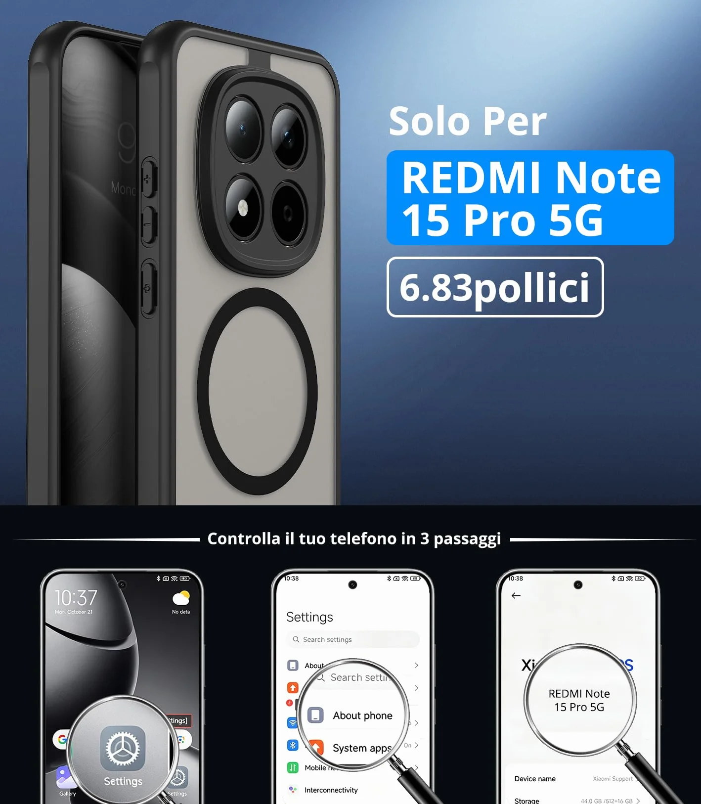 Vansdon Cover Magnetica per Xiaomi Redmi Note 15 Pro 5G con 1 Pezzi Vetro Temperato, Compatibile con Magsafe, Protezione anticaduta livello militare, Cover Traslucida Opaca Sottile Antiurto-Nero