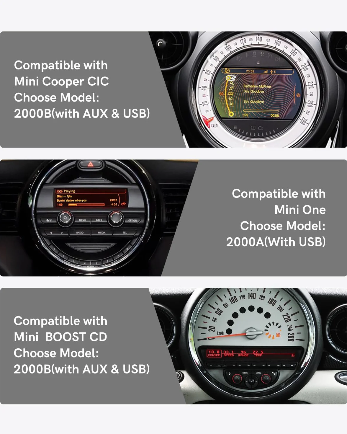 Adattatore Bluetooth per auto per BMW Mini CIC con Boost CD Sistema- Cavo USB e AUX Connettività, trasmettitore Bluetooth compatibile con iOS/Android