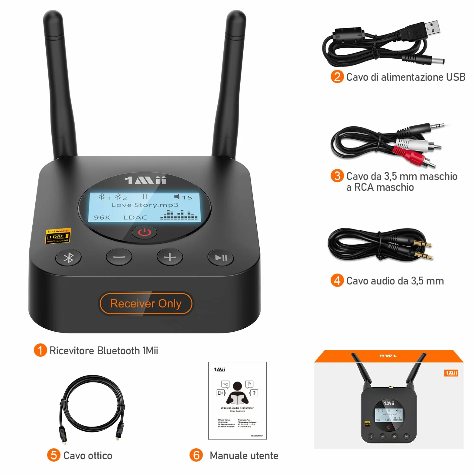 1Mii B06Pro+ Ricevitore Bluetooth HiFi, Adattatore Audio Wireless Bluetooth 5.3 Hi-Res LDAC per Stereo, aptX HD/Bassa Latenza, con Uscita Ottica/AUX, Controllo del Volume, Display LCD, Lungo Raggio