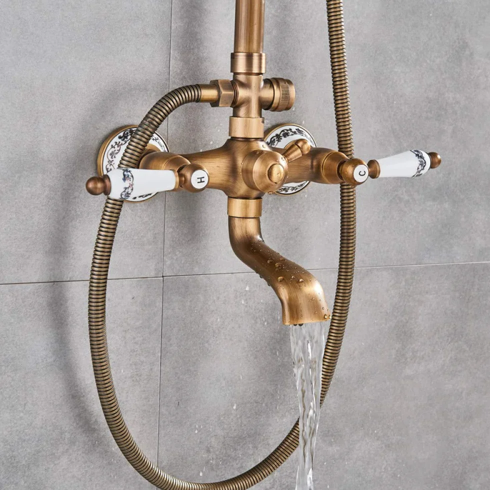Set di rubinetti per Doccia di Lusso con Doppia Maniglia, 8 miscelatori per Bagno a Pioggia con doccetta in Colonna per Vasca da Bagno con Sistema a Parete, Rubinetto in Bronzo NER