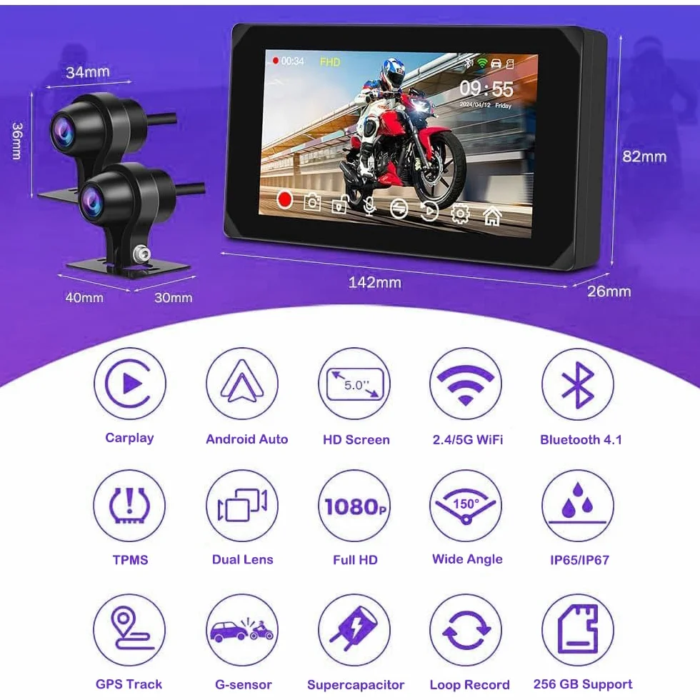 Dashcam per moto VSYSTO, 5,0 pollici, impermeabile, touchscreen per auto e Android con doppia telecamera anteriore e posteriore 150°, 1080P, visione notturna, navigazione GPS, telecomando (CS5-Pro)