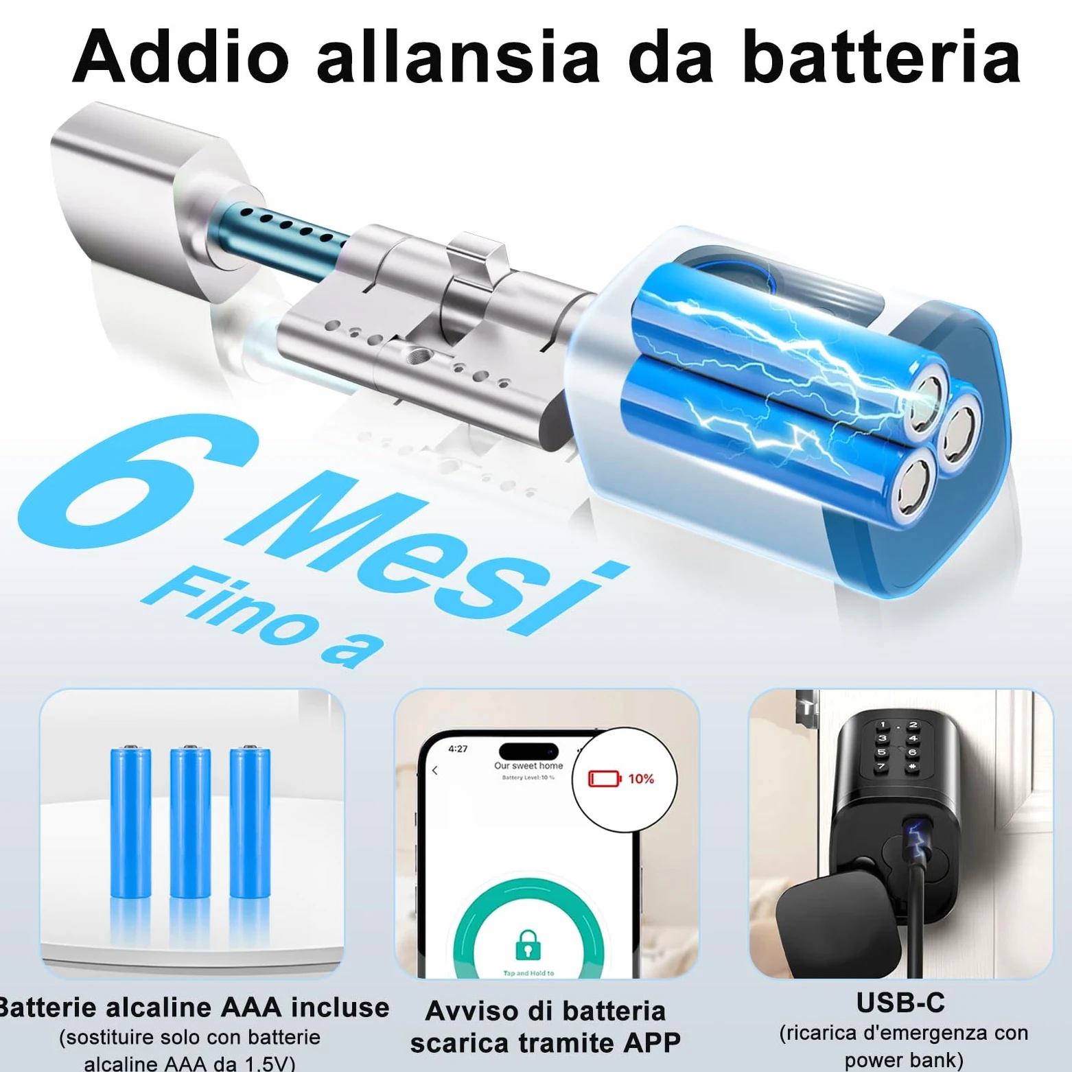 Serratura smart, serratura elettrica porta blindata con impronta digitale, lunghezza regolabile serratura elettrica con scheda RFID, app, WiFi, Bluetooth, 60–90 mm, accessori di prolunga, argento