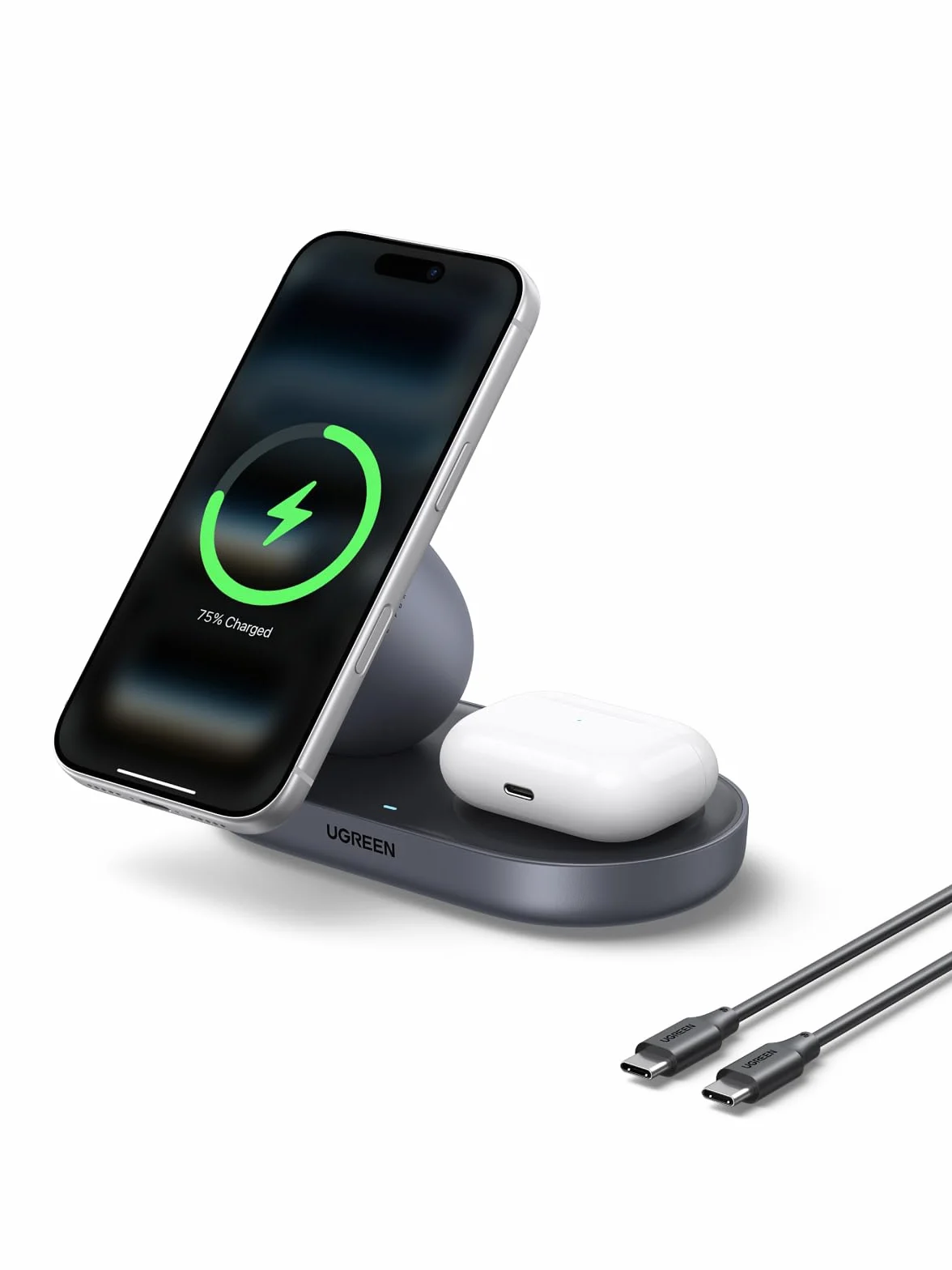 UGREEN Zapix Caricatore Wireless iPhone Magsafe Qi2 15W Certificato Compatibile con iPhone 17 16 15 14 13 12 Pro Max Plus Air AirPods, 2 in 1 Base di Ricarica Rapida Magnetica (Nero)