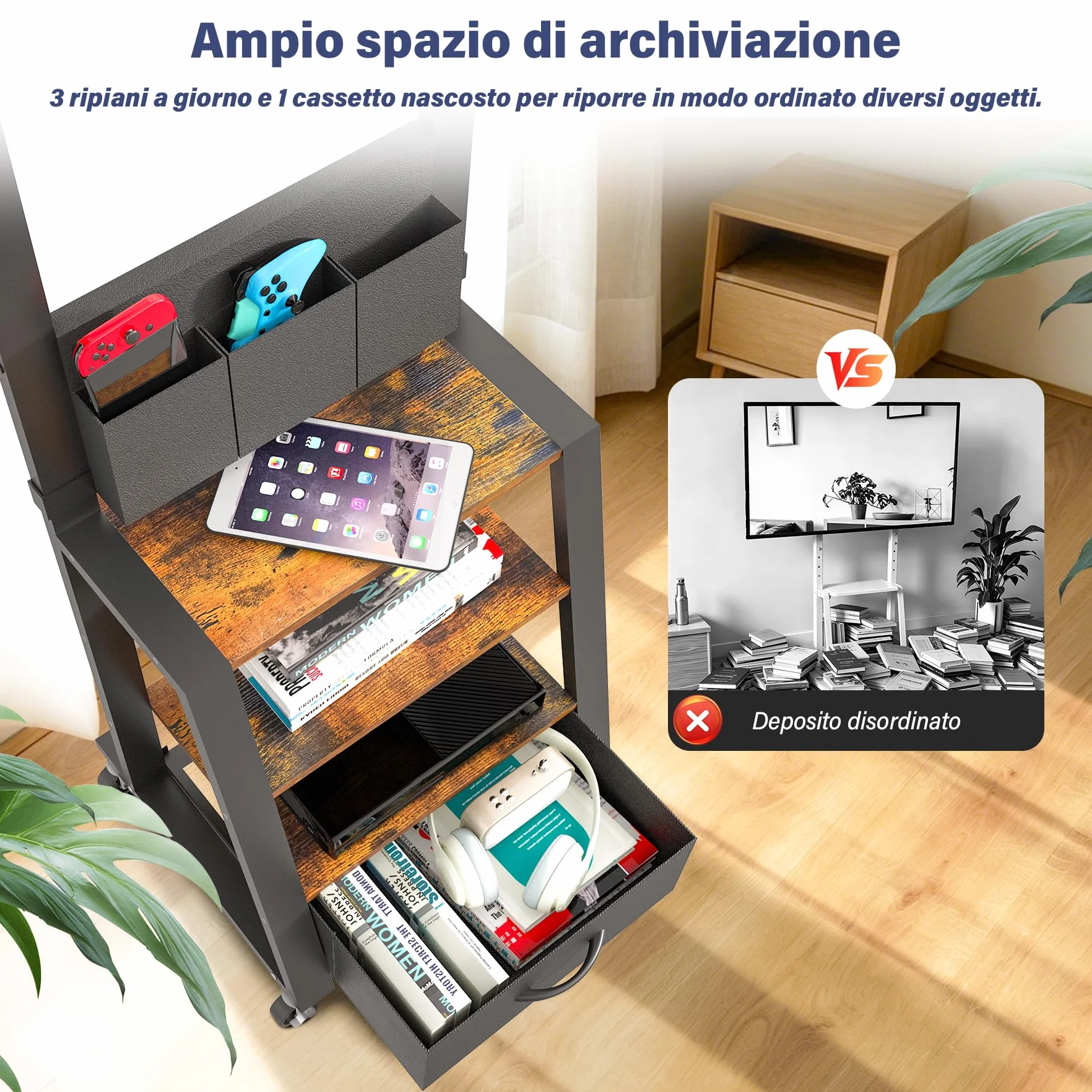 Mobile porta TV con ruote, cassetto e 3 ripiani per TV piatti/curvi da 23"-60", mas 72 kg, per LCD/LED/OLED. Carrello mobile con altezza regolabile per casa, ufficio e esterni, VESA mas 400x400mm