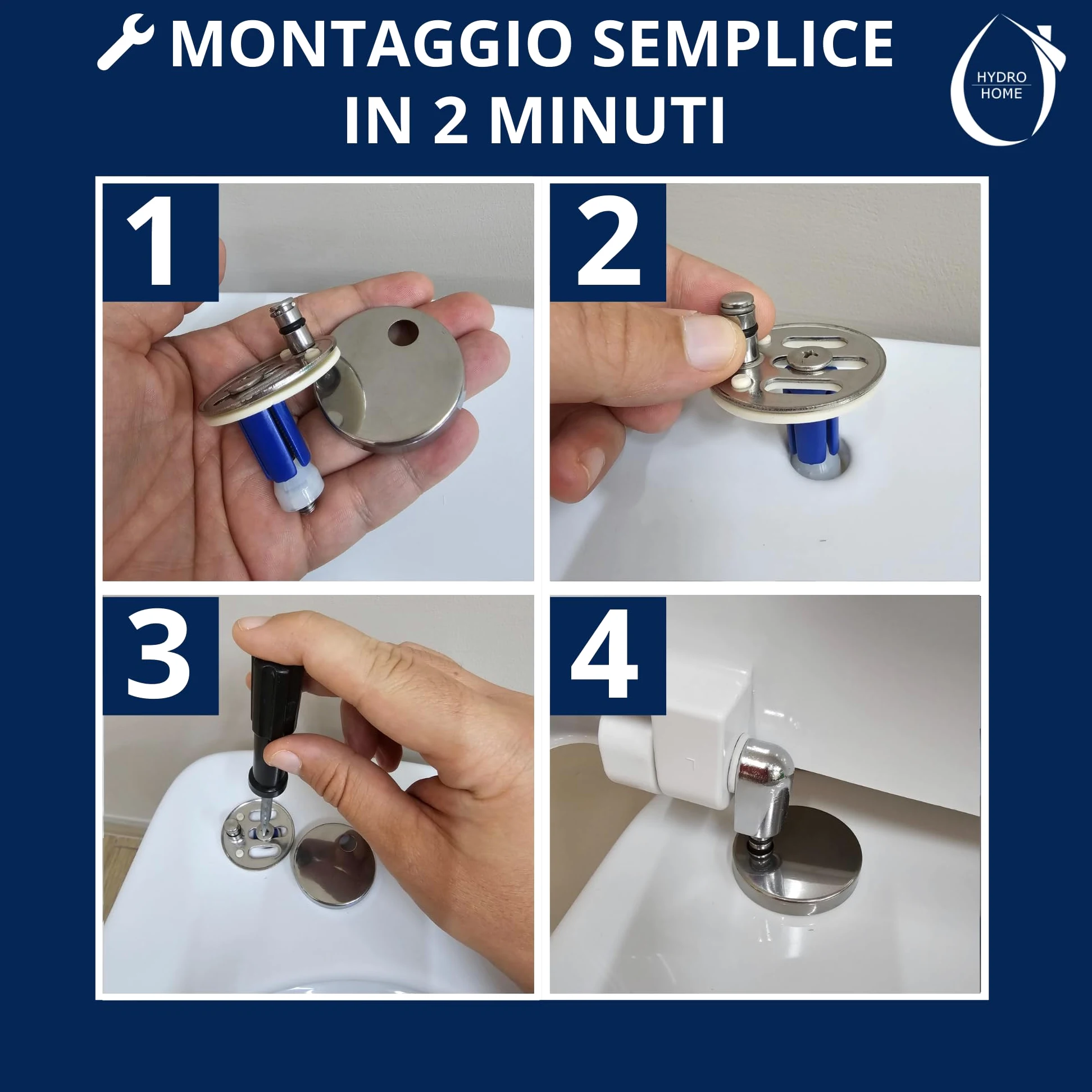 HYDRO HOME Copriwater Rettangolare HH313 Universale Compatibile con Vari Modelli, Tavoletta WC in Plastica Termoindurente, Antibatterico, Cerniere Regolabili Soft Close, Bianco (Chiusura ammortizzat)