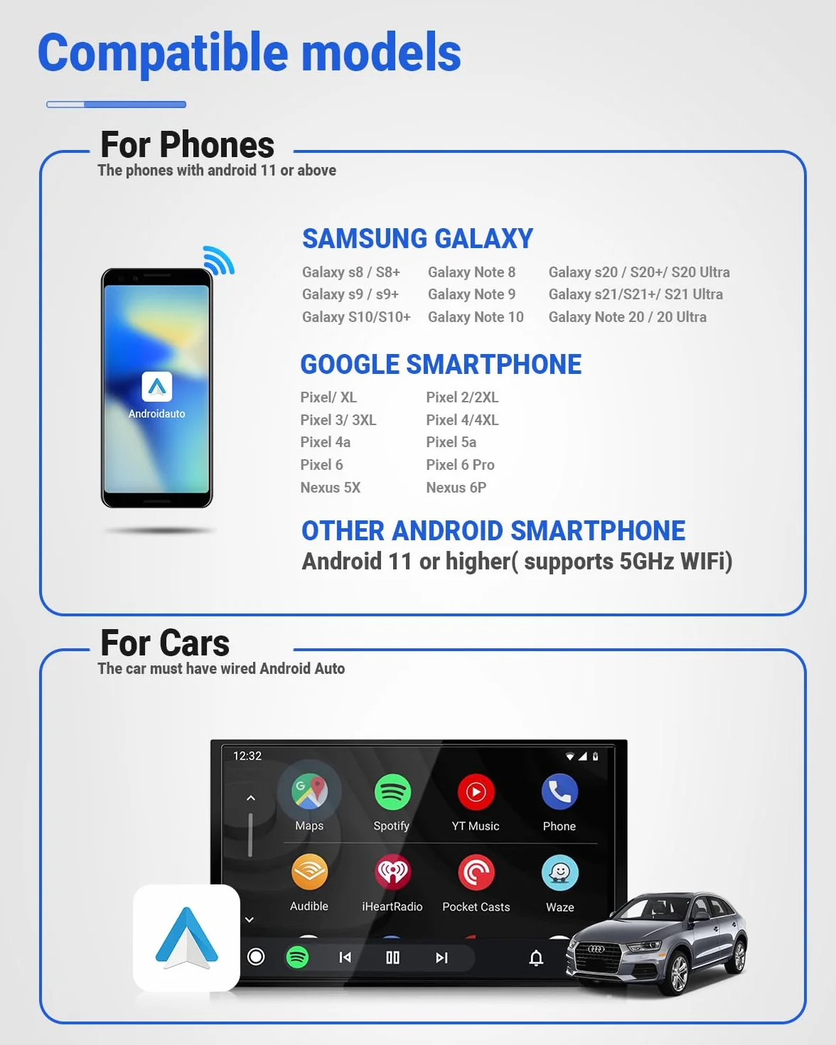OTTOCAST Adattatore Wireless Android Auto per Auto Cablate, Dongle Android Auto Wireless, Dual Band Wi-Fi a Basso Ritardo, Aggiornamenti Online, Plug and Play per Auto Android Cablate di Fabbrica