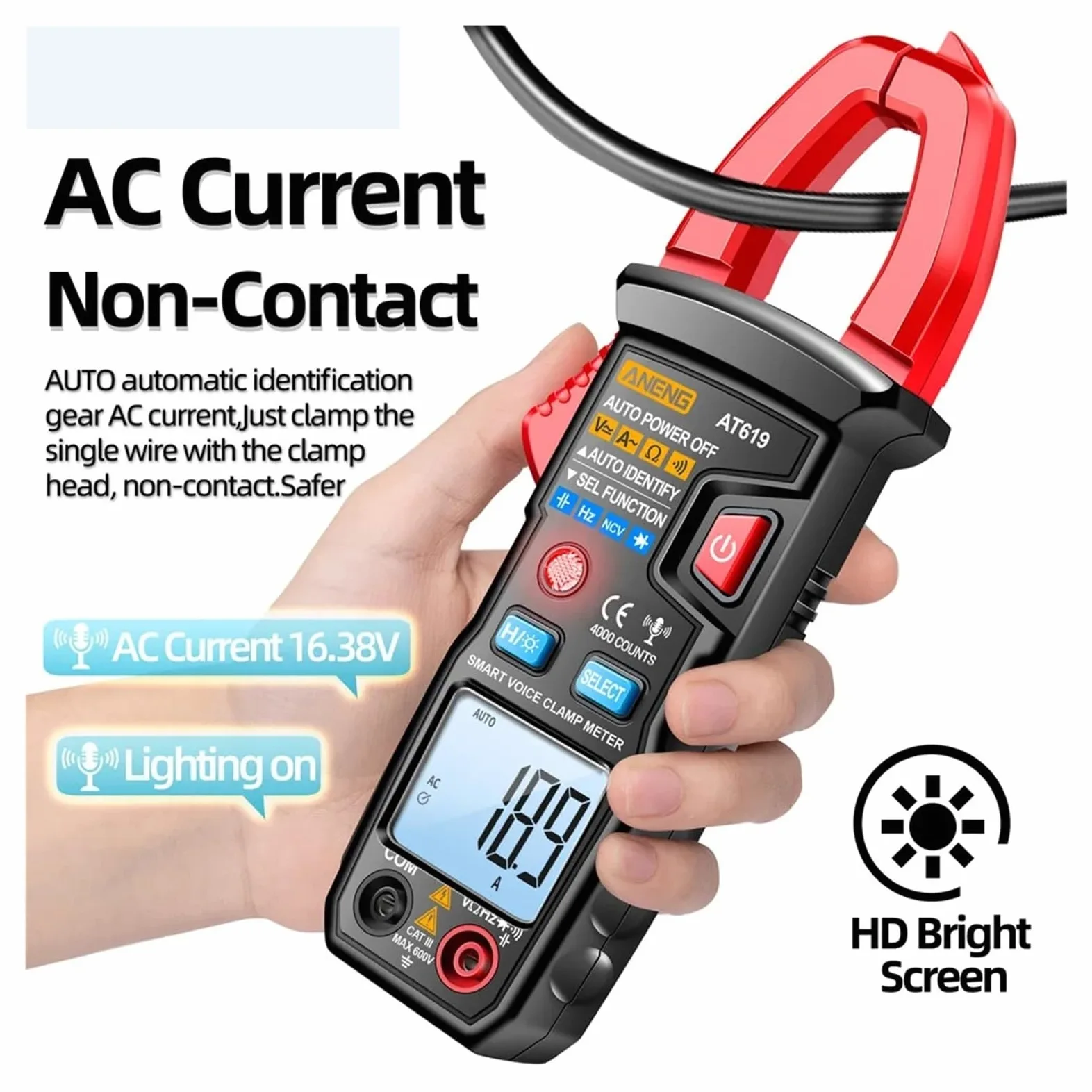 AT619 Pinza amperometrica digitale True RMS AC DC rilevamento NCV | Misura corrente AC DC e valori elettrici senza scollegare i circuiti per manutenzione e diagnosi(Red(no battery))