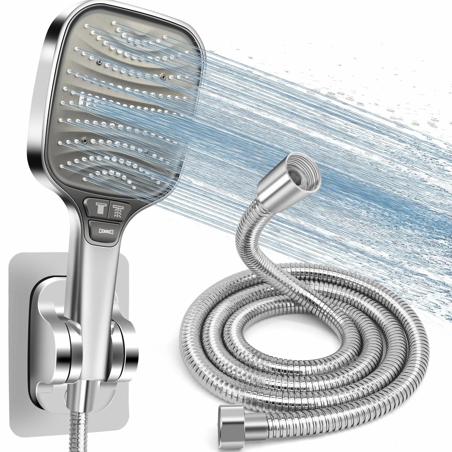HNOOM Kit Doccia Completo, Soffione Doccia Quadrato 120mm Alta Pressione + Tubo 1.5M + Supporto Senza Fori, 8 Modalità, Anticalcare, Universale per Doccia Bagno（Argento）