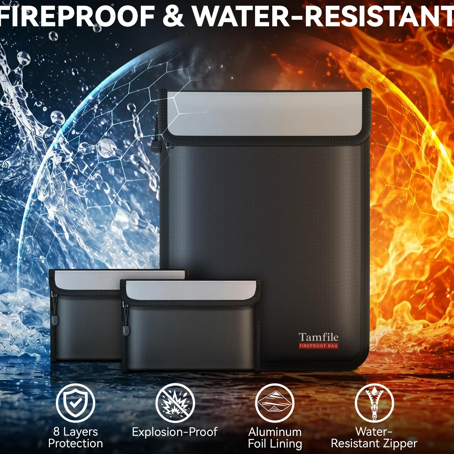 Tamfile Borsa per documenti ignifuga, con 2 sacchetti da viaggio ignifughi | Resistente al calore, impermeabile, 8 strati, sicuro, per documenti importanti, contanti, oggetti di valore, nero