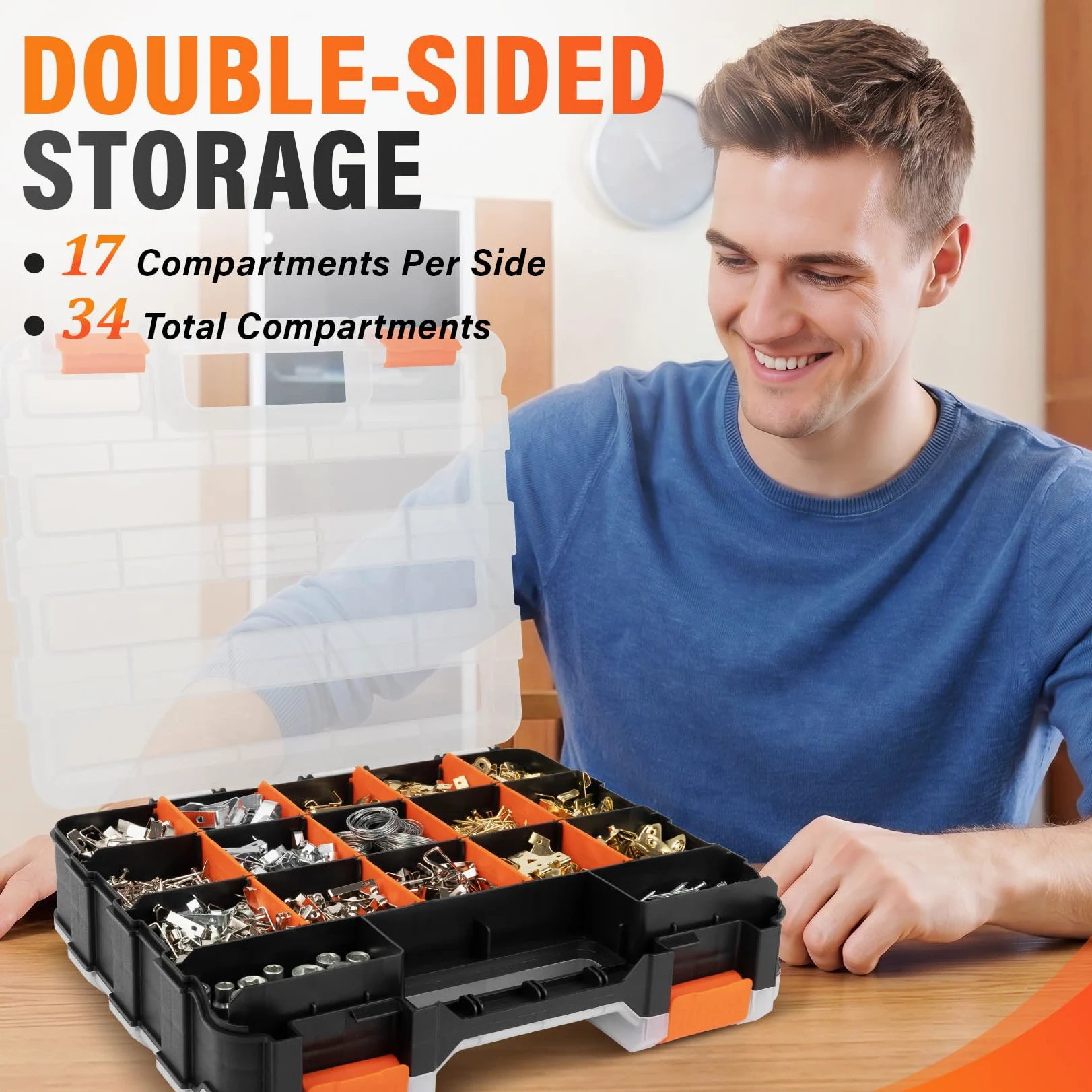 DIYSELF Organizer per viti, organizer a 34 scomparti per piccole parti, organizer per hardware con spazio regolabile, scatola portaoggetti con coperchio trasparente per hardware, artigianato, perline