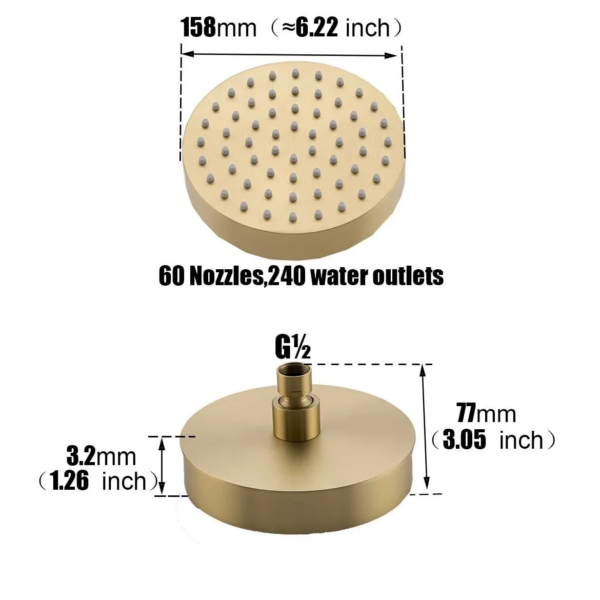 Soffione doccia ad alta pressione in acciaio inossidabile massiccio, rubinetto per doccia a pioggia nero opaco per bagno(Brushed yellow)