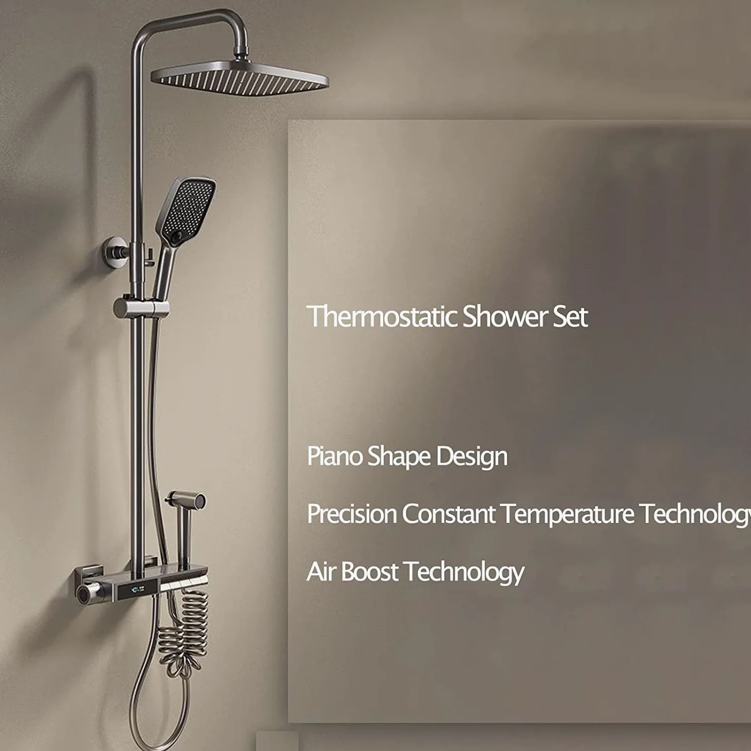 Doccia portatileSistema Doccia termostatico, Montaggio a Parete, Display della Temperatura, Set Rubinetto, rubinetti a Vista a 4 funzioni, con doccetta, beccuccio per Vasca e Bidet