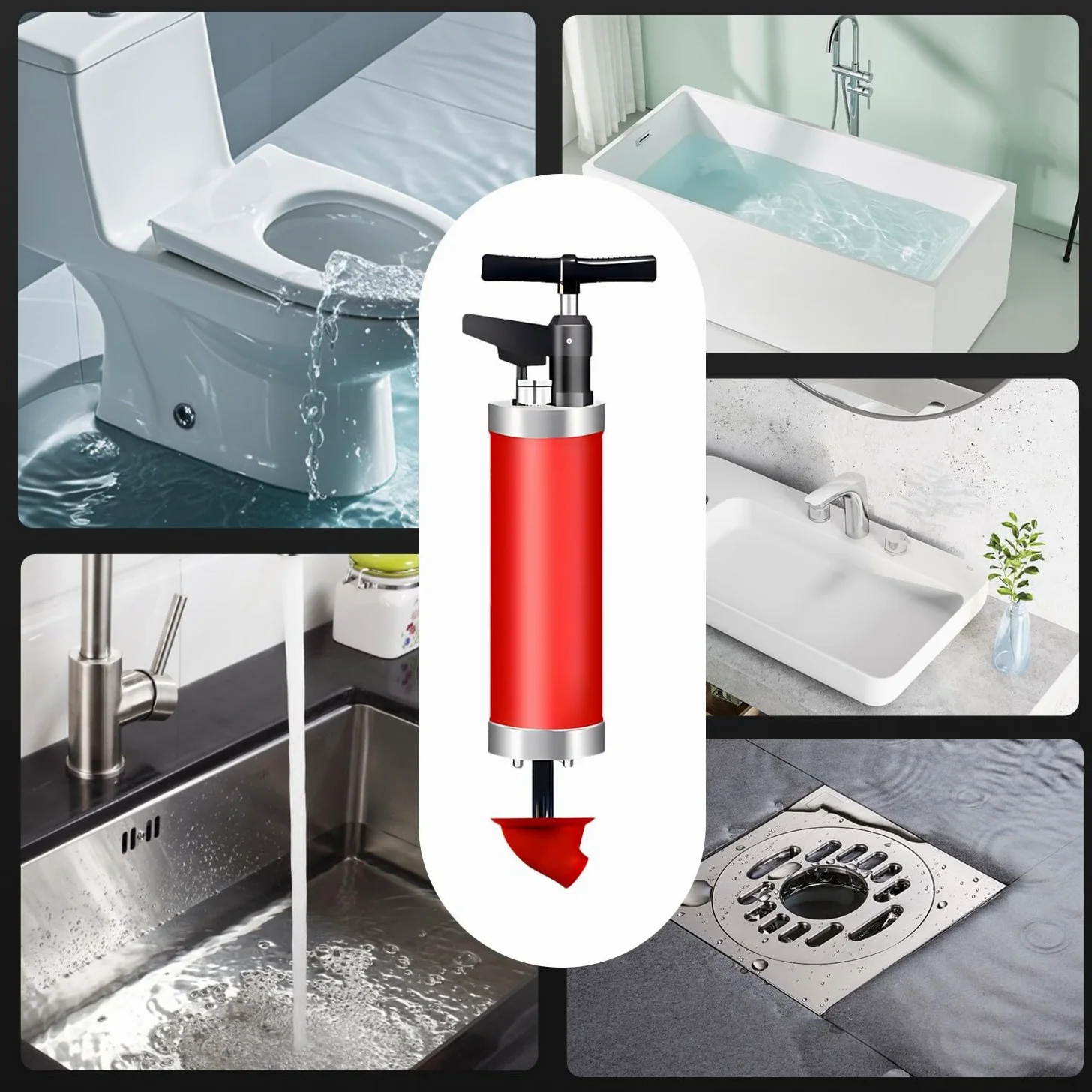 Stura WC con 4 Ventose, Pompa Stura Scarichi con Barometro, Sturalavandini a Pressione, Sturalavandino Ad Aria Compressa, per Disintasare WC, Lavello, Doccia, Lavandini, Scarico