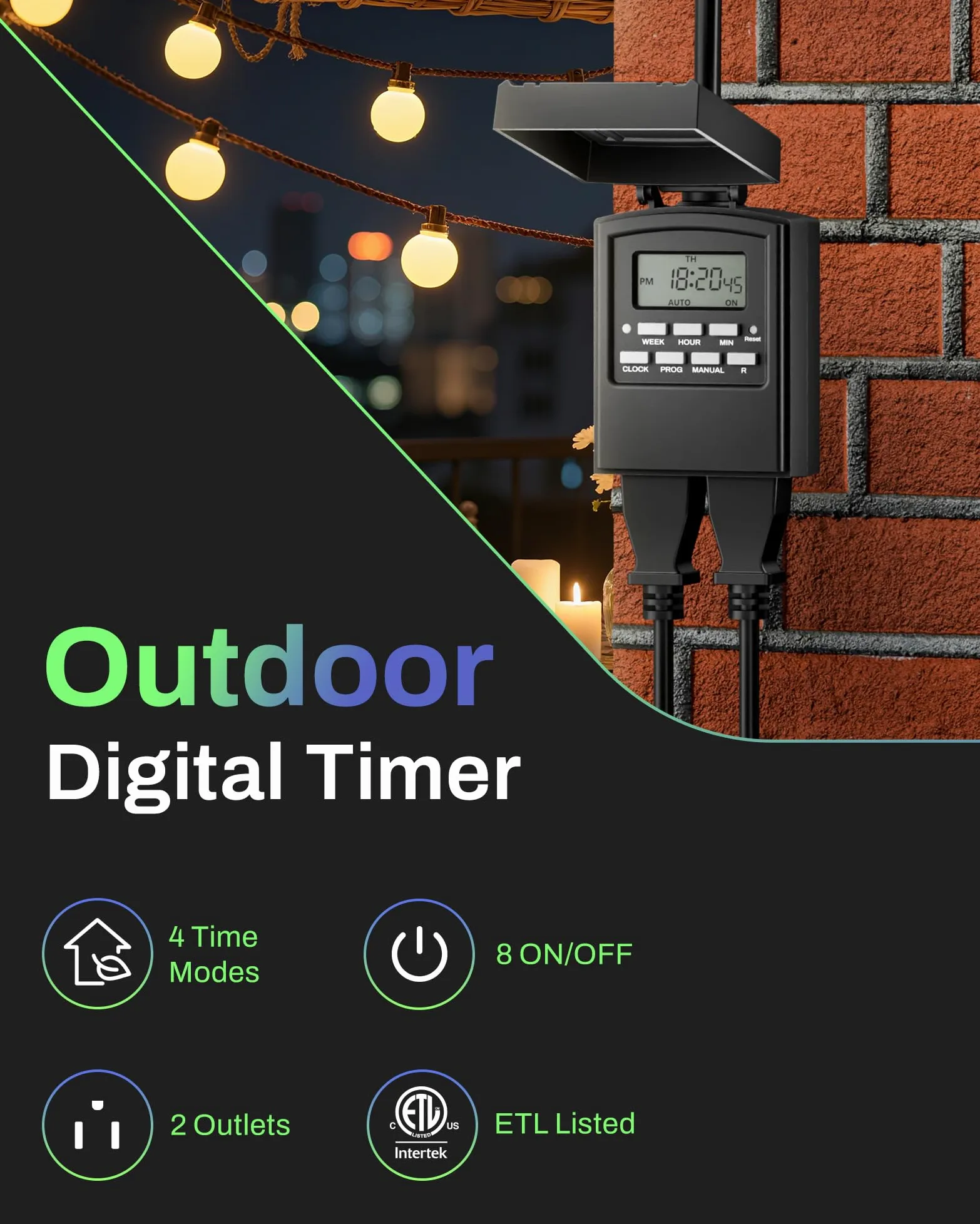 BN-LINK Timer digitale programmabile da 7 giorni per esterni, impermeabile, 2 prese elettriche con messa a terra per luci di Natale, 15 A, 1/2 HP, certificazione ETL