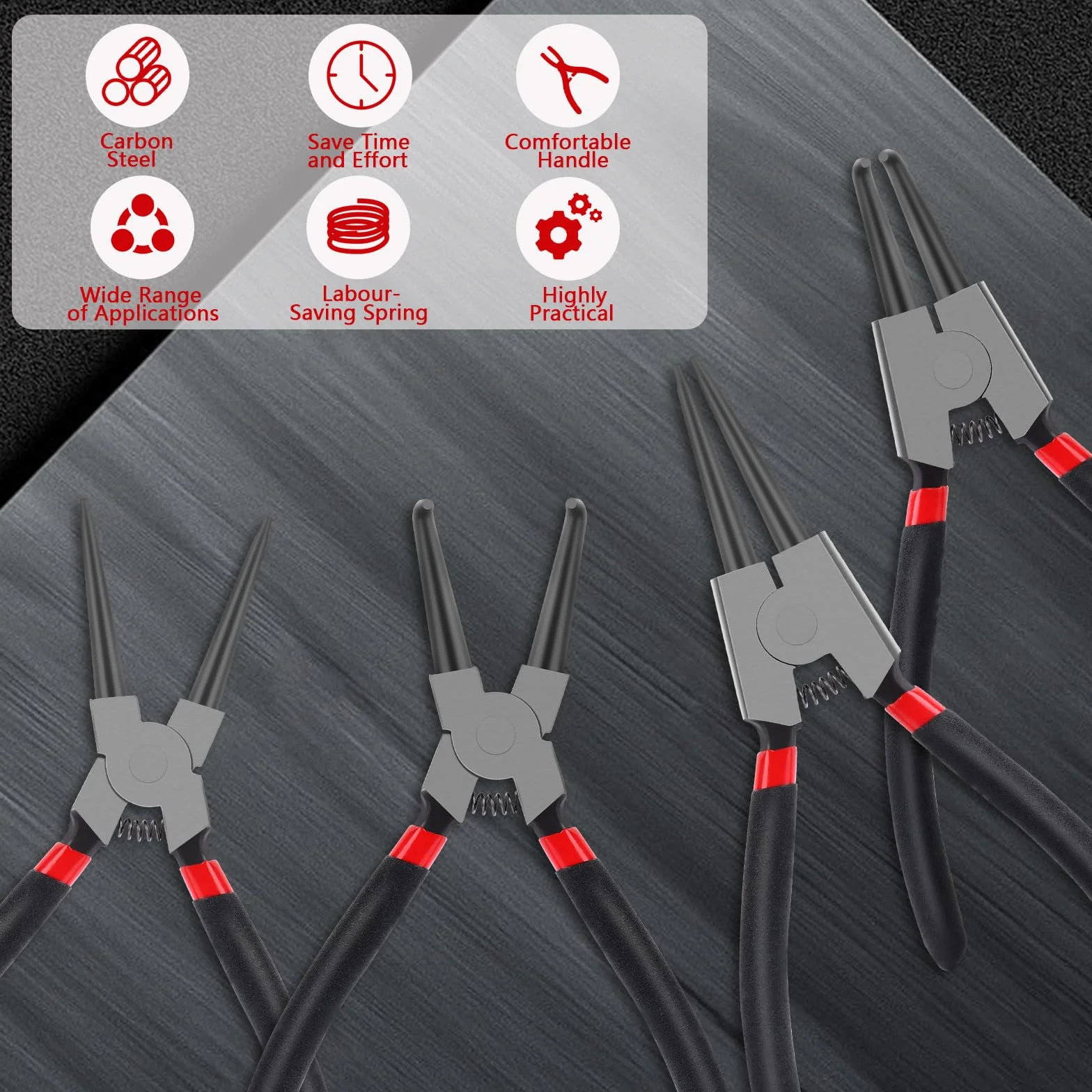 Set Pinze per Anelli di Sicurezza 4 Pezzi Dritti e Piegati con Maniglie Antiscivolo