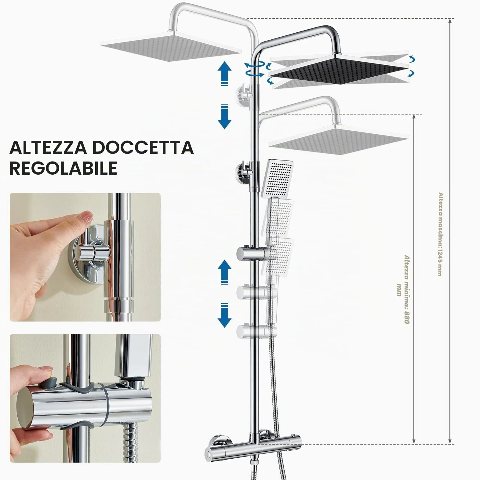 Auralum Colonna Doccia Kit con Rubinetto Termostatico Antiscottatura, Miscelatore Doccia Esterno con Soffione Doccia 25x25cm, Doccetta, Asta Doccia in Acciaio Inox e Tubo Doccia 1,5m, Cromo