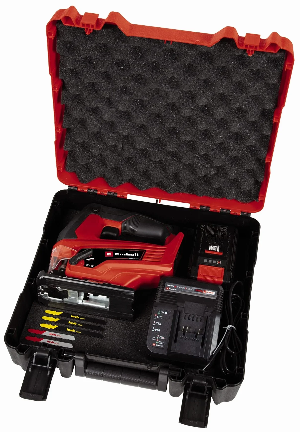 Einhell Seghetto alternativo a batteria TC-JS 18 Li (1x2,5 Ah) Power X-Change (ioni di litio, 18 V, movimento pendolare, attacco di aspirazione, batteria 1x 2,5 Ah, caricabatteria e valigetta)