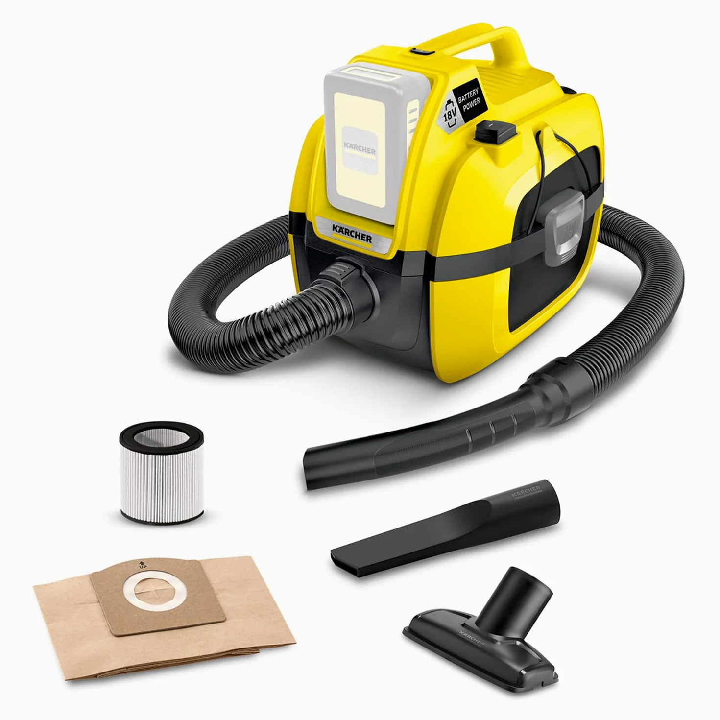 KÄRCHER aspiratore solidi liquidi a batteria WD 1 Compact Battery, filtro a cartuccia, tubo di aspirazione: 1,2 m, contenitore: 7 l, potenza: 230 W, utilizzabile con batteria 18 V non inclusa