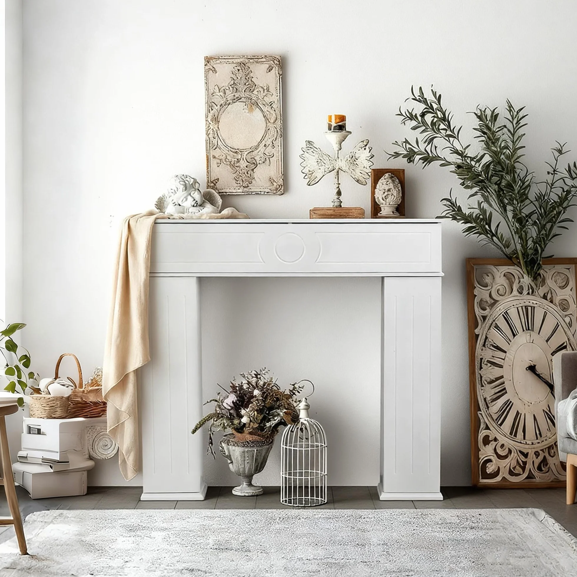 Cornice decorativa per camino in legno 3 porte con vano portaoggetti e scomparto segreto
