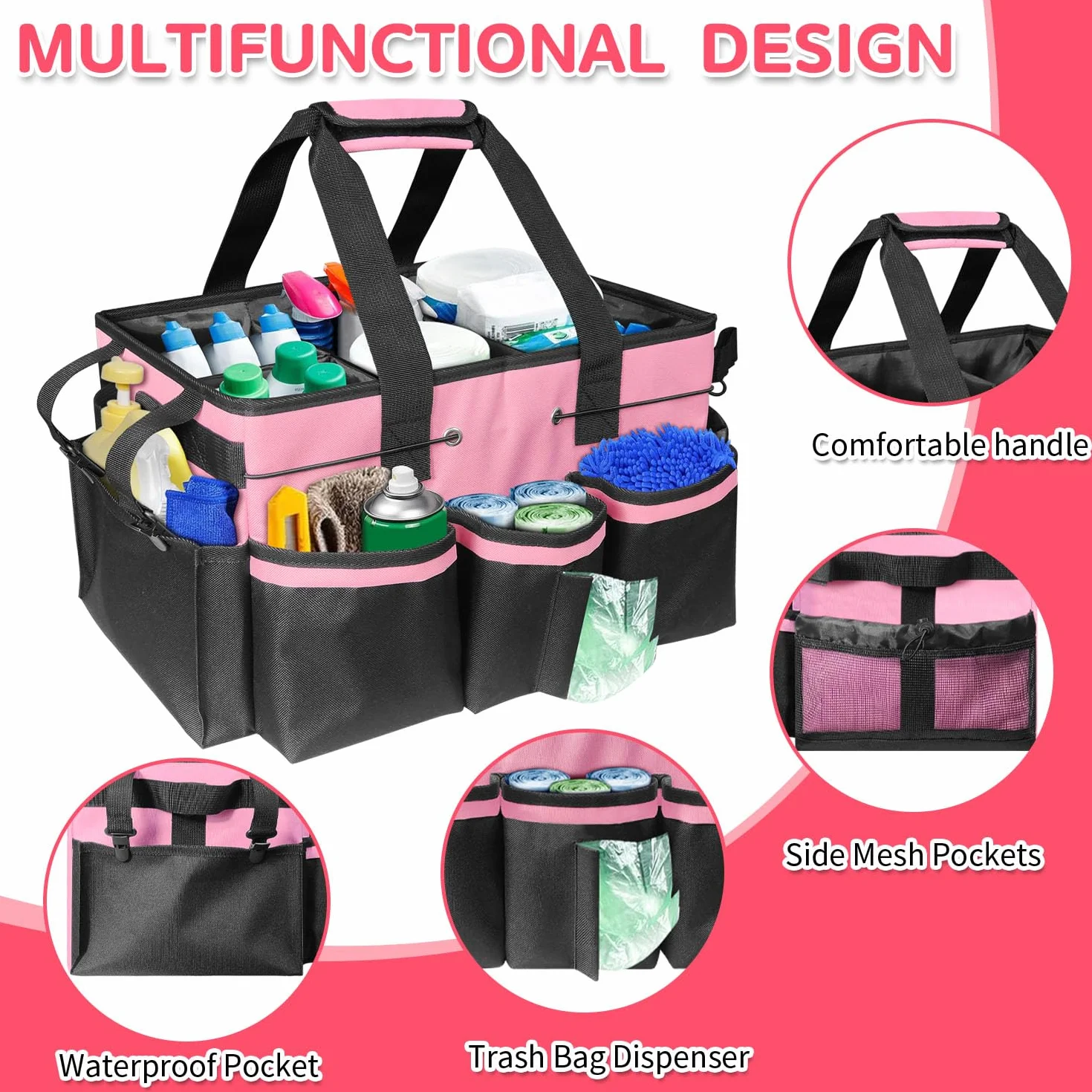 Boczif Borsa portaoggetti indossabile per la pulizia, organizer con manico, spallacci e divisorio staccabile, organizer per strumenti di pulizia, borsa tote per pulizie e governanti (rosa)
