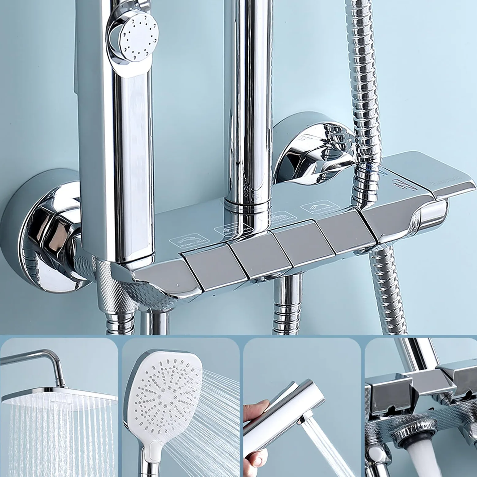 Sistema Doccia, Set Rubinetto Grigio, 4 funzioni, Kit di Montaggio a Parete con soffione Portatile a 3 modalità, doccetta per Bidet a Pioggia