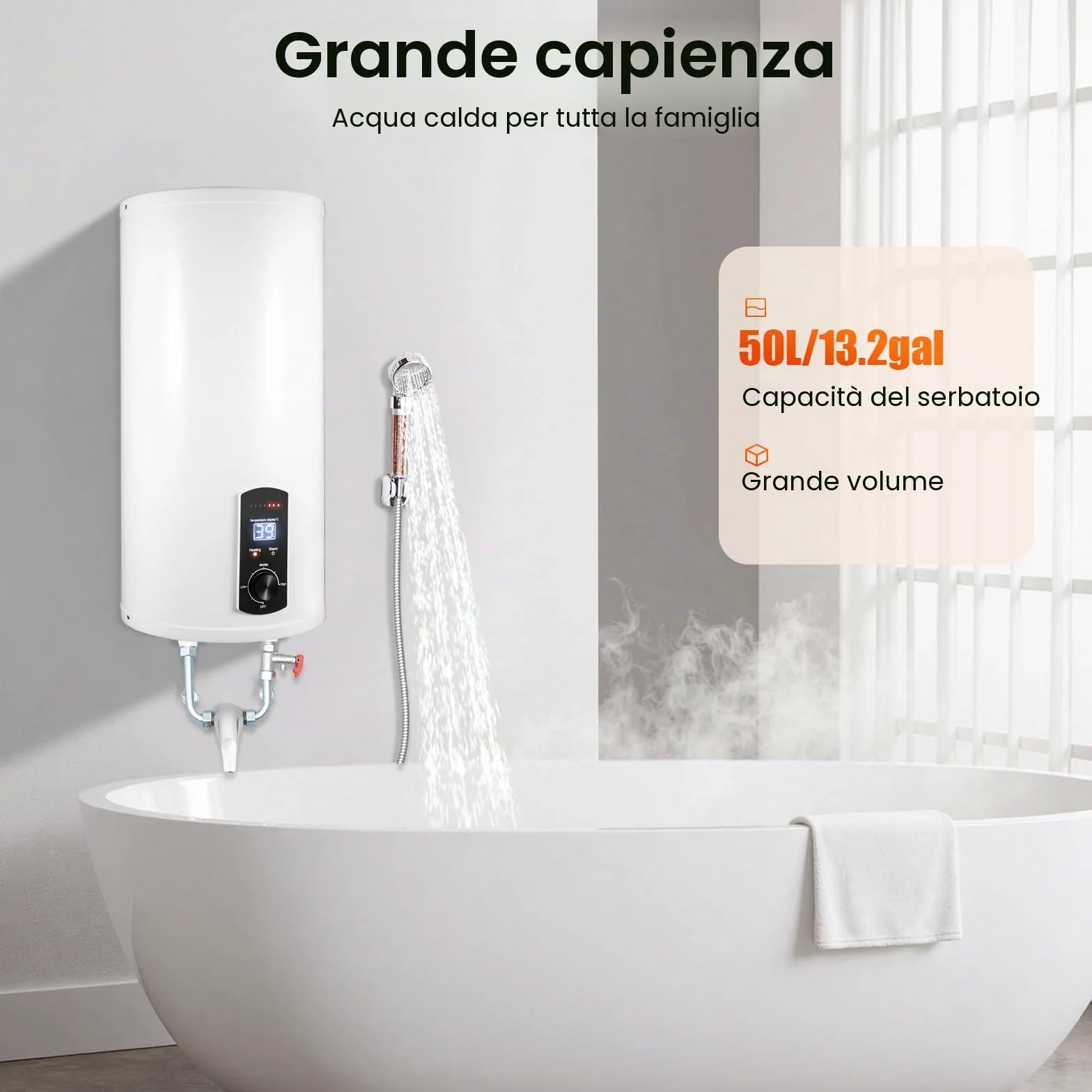 Scaldacqua istantaneo con serbatoio da 80 litri, scaldabagno elettrico con rubinetto e doccetta, dispositivo con contenitore interno smaltato, scaldabagno digitale con indicatore LED per bagno