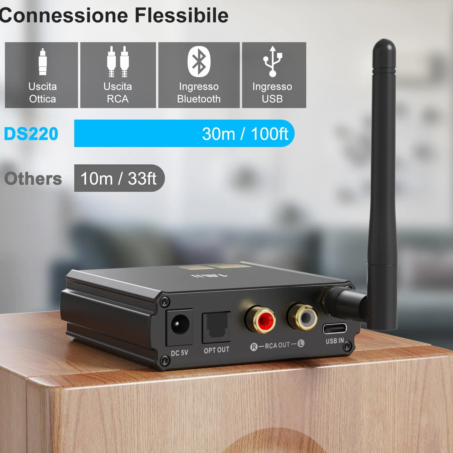 1Mii DS220 Ricevitore Bluetooth HiFi, Adattatore Bluetooth 5.3 Audio con DAC Audiofilo, Hi-Res LDAC/aptX HD/Bassa Latenza, con Uscita Ottica/RCA, Display OLED Modalità EQ per Stereo