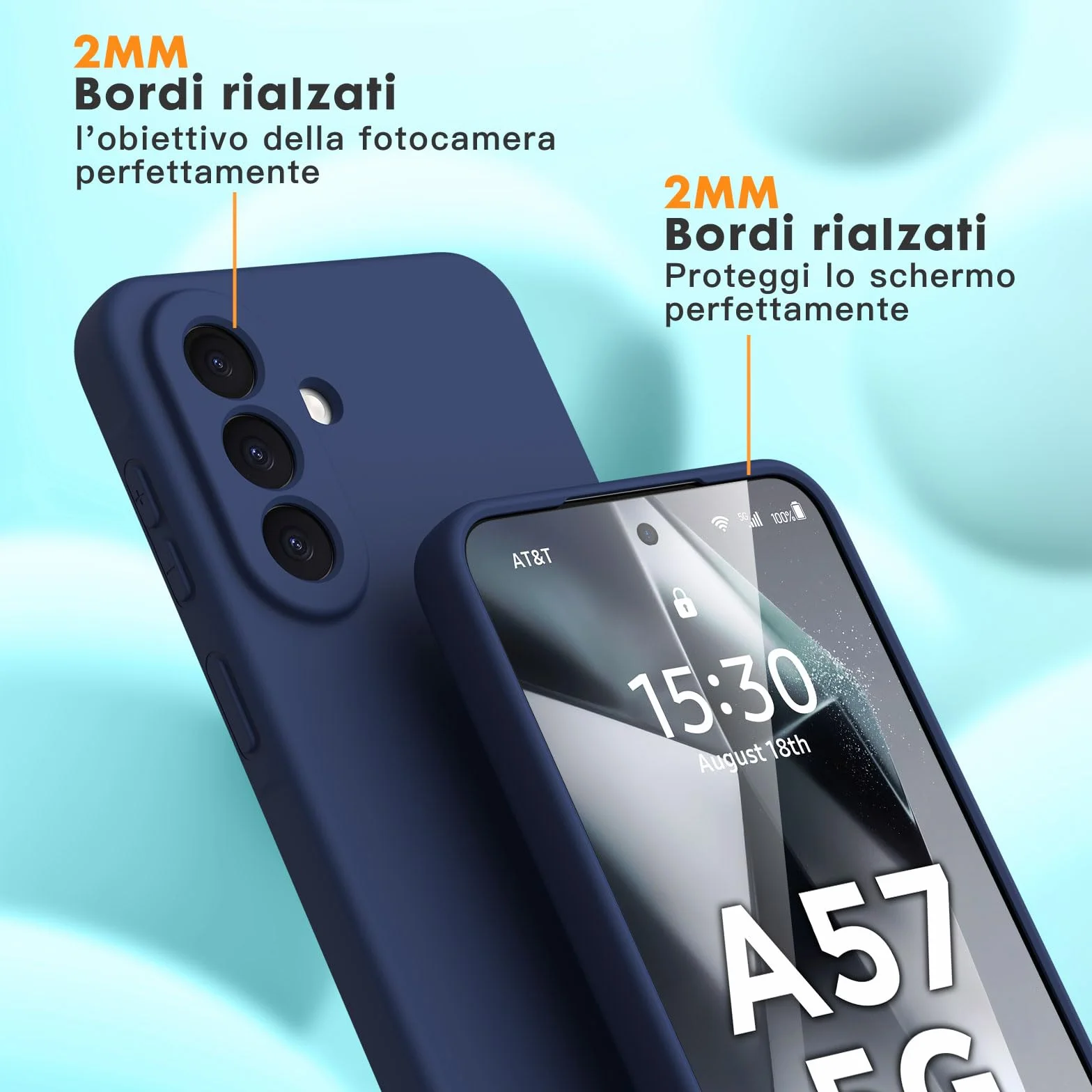 Vansdon Cover Compatibile con Samsung Galaxy A57 5G, 2 Pellicola Protettiva in Vetro Temperato, Gomma Gel di Silicone Liquida Antiurto Custodia - Blu notte