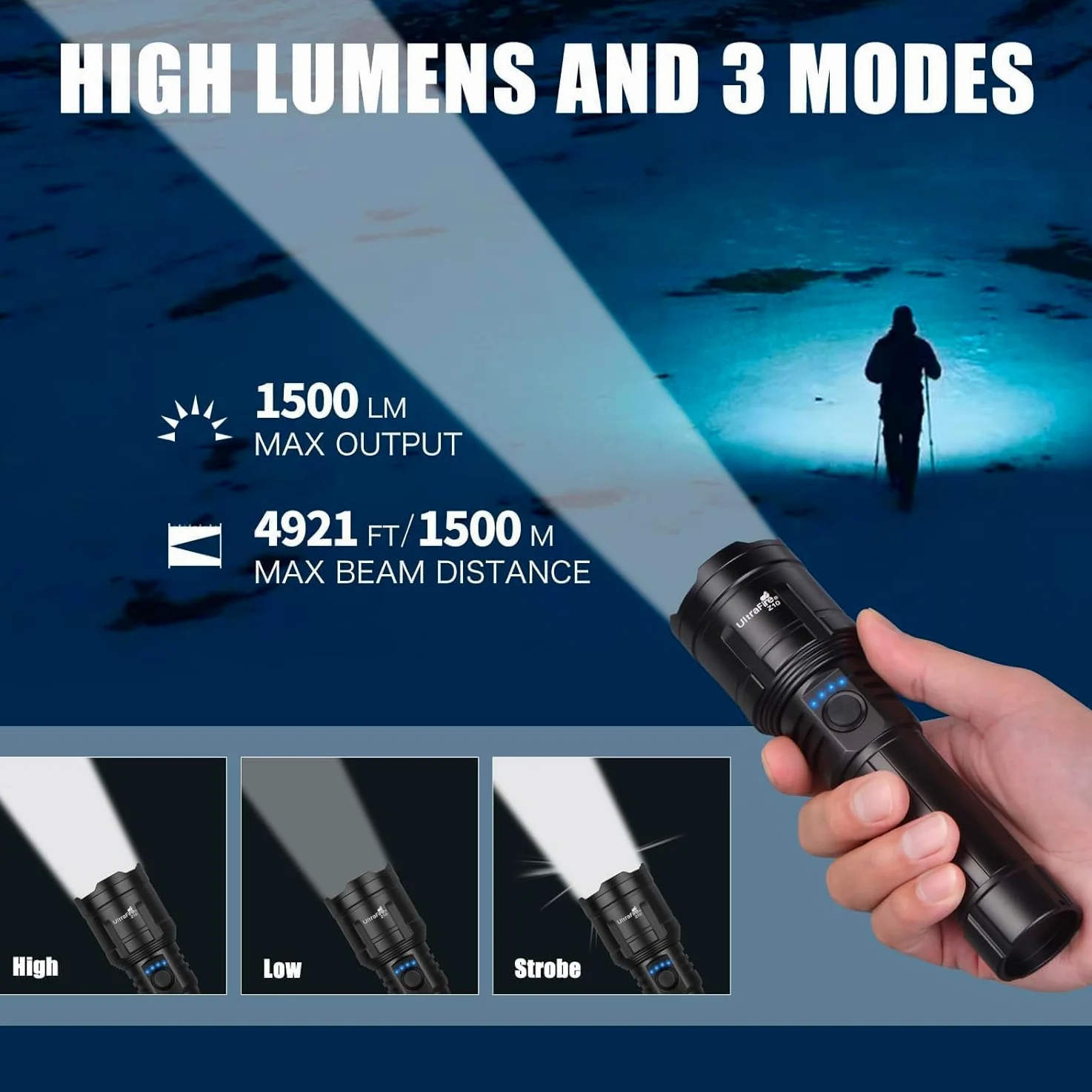 ULTRAFIRE Torcia LED ricaricabile da 1500 lumen con lente Lgnition, torcia tattica zoomabile con fondina per cintura, 3 modalità per campeggio all'aperto escursionismo Z10
