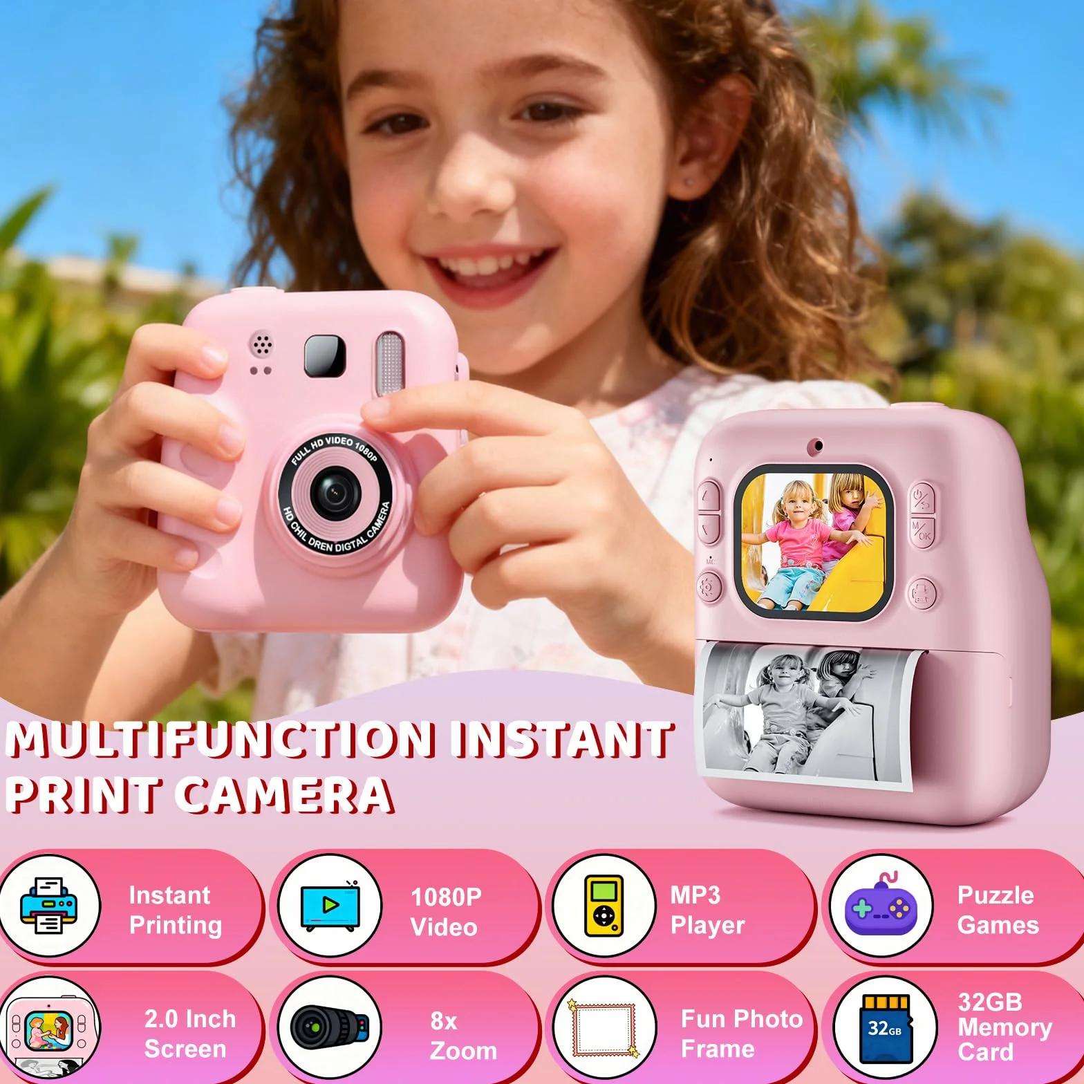Macchina Fotografica Bambini Istantanea, 1080P Fotocamera Digitale Bambini con 32GB & Papier Photo, Regalo di Natale per Bambino e Bambina dai 3-12 Anni