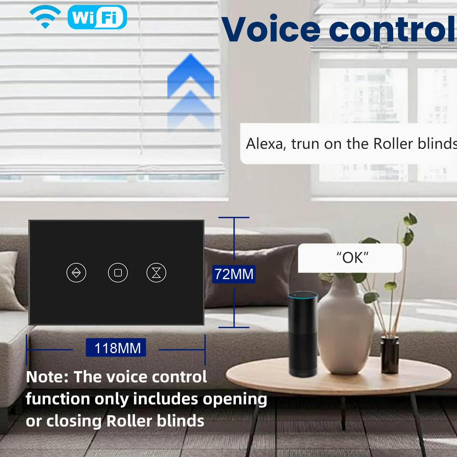 Interruttore intelligente per tapparelle con cavo neutro richiesto, interruttore WiFi per tapparelle da 2,4 GHz con controllo vocale remoto, pannello in vetro temperato, funziona con Alexa e