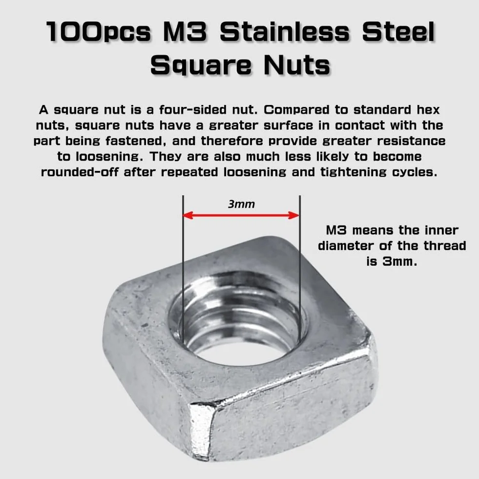 Dado quadrato SS304 M3 DIN557 Metro in acciaio inox, argento