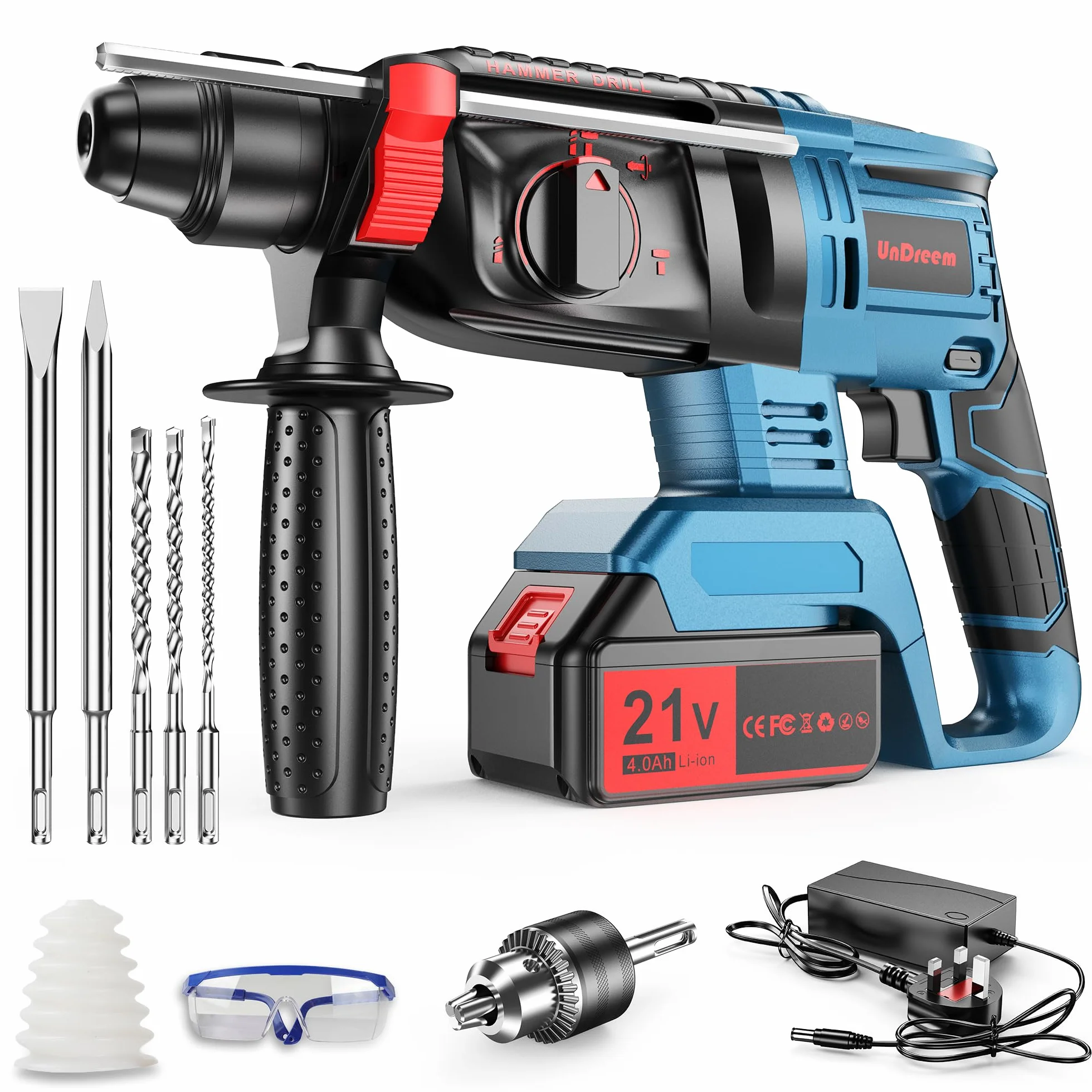 Martello Perforatore a Batteria 21V 4Ah SDS-plus 4 in 1, 3 Punte, 2 Scalpelli