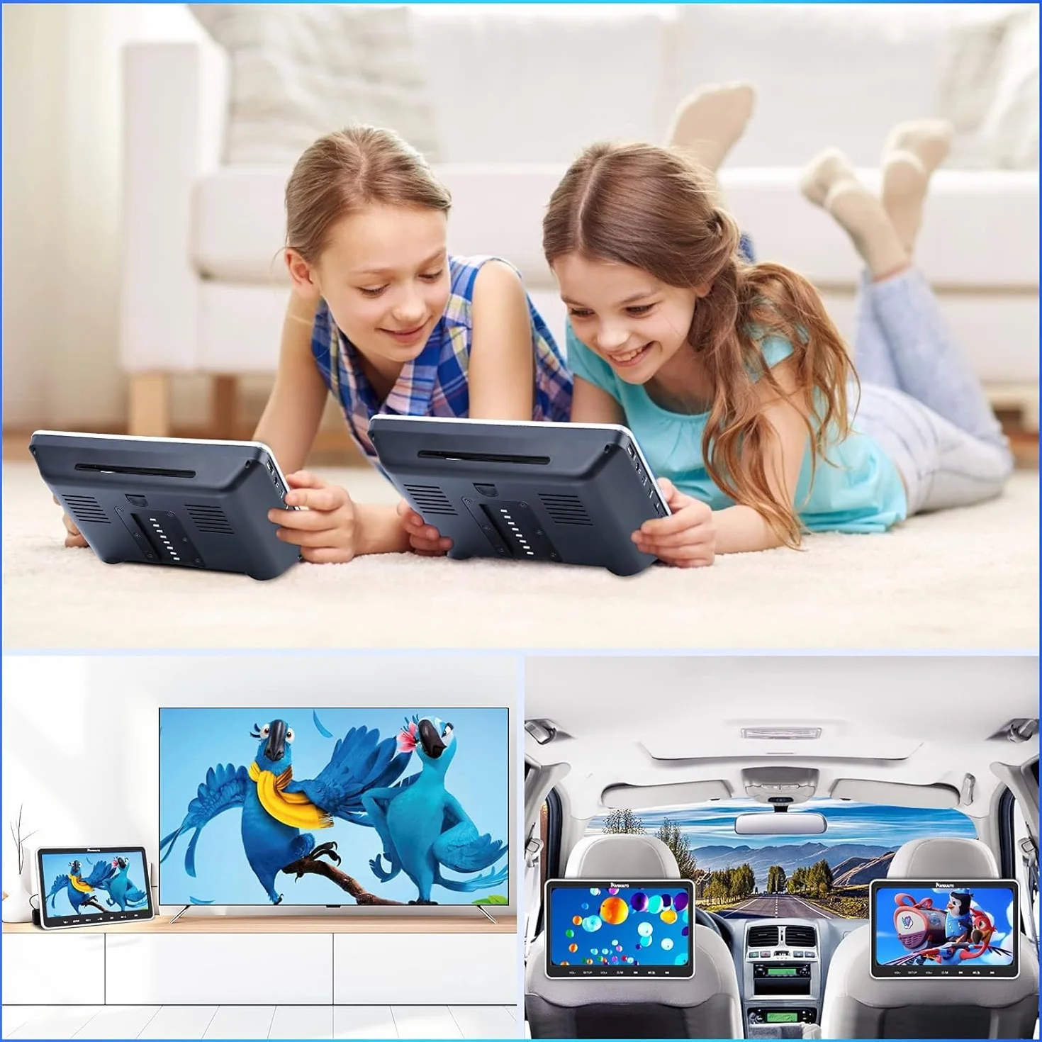 NAVISKAUTO Lettore DVD per poggiatesta auto, 2 monitor da 10,1", compatibile con HDMI/USB/SD/Region Free/AV-in e Out, cavo AV, 18 mesi di garanzia, per bambini