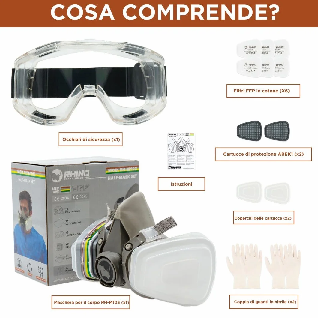 RHINO Smart Solutions Maschera antipolvere antigas riutilizzabile con filtri antiparticolato