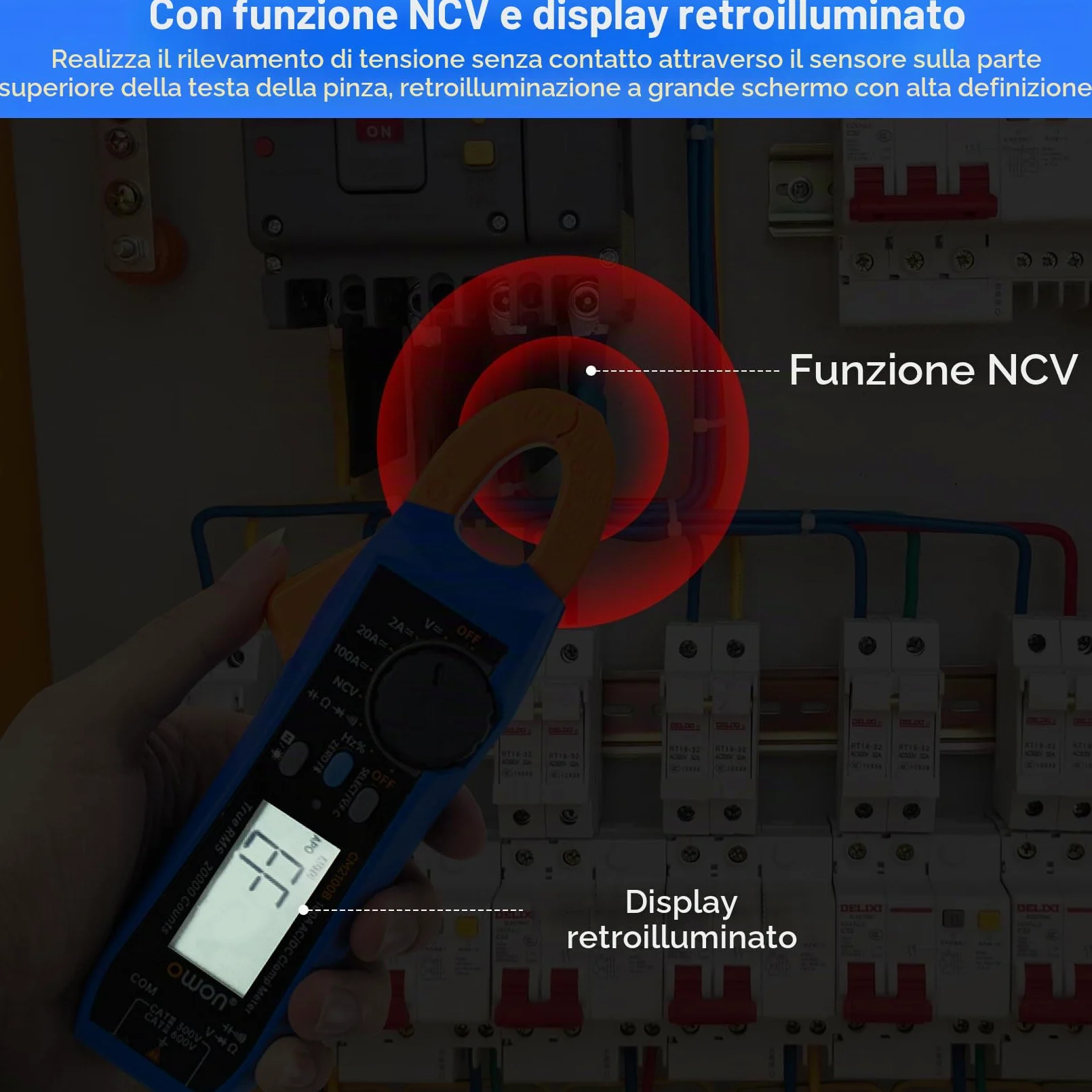 OWON CM2100B Pinza amperometrica Bluetooth 20000 conteggi palmare True RMS 600V 100A AC/DC Test corrente e tensione con protezione da sovraccarico VFC, tester di capacità di resistenza, funzione NCV