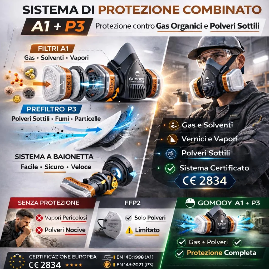 Goomoy Maschera Antigas Riutilizzabile con Doppio Filtro ai Carboni Attivi 8 Filtri Ricambio CE EN 140