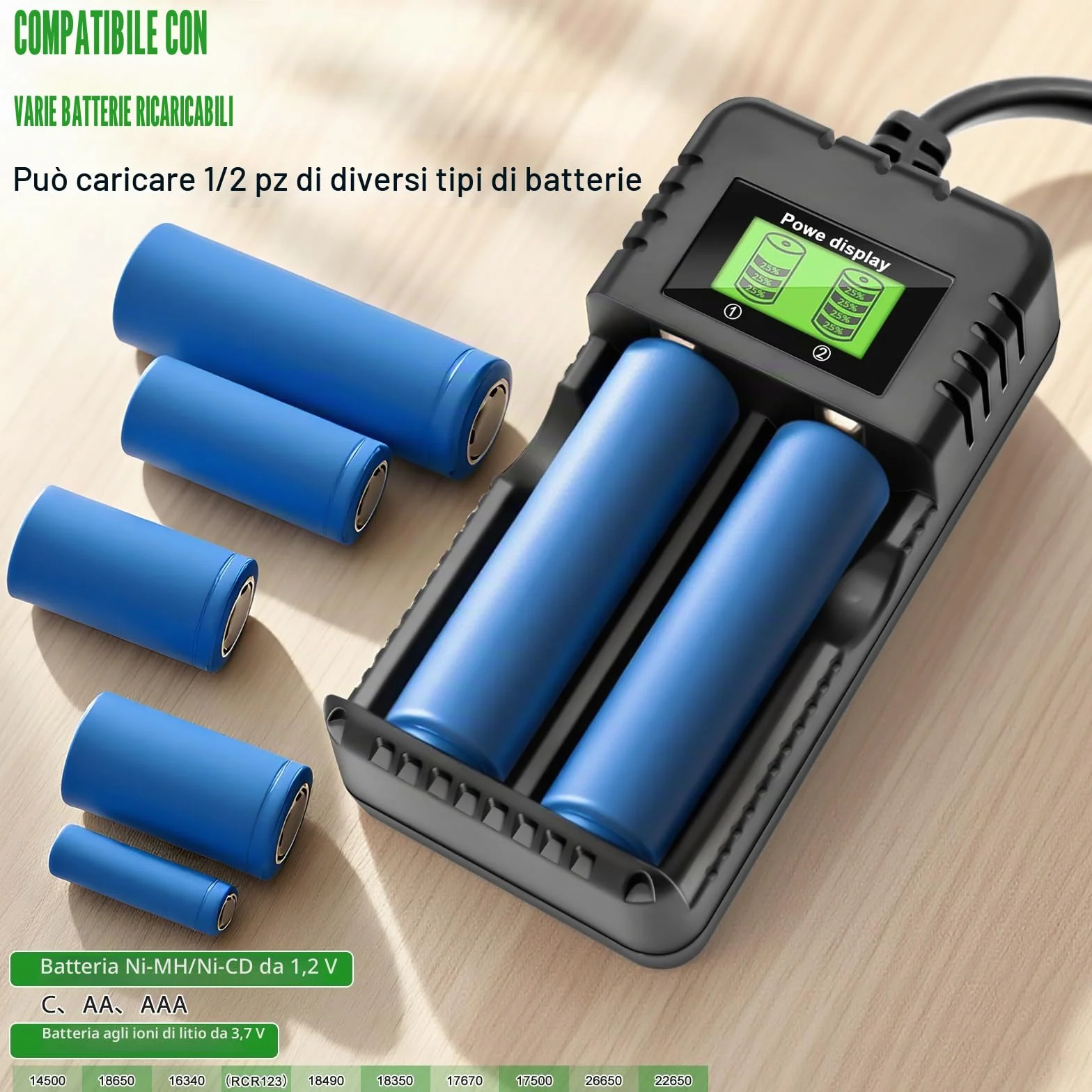 Caricatore per batteria 18650, caricabatterie intelligente agli ioni di litio con display LCD: caricatore rapido 2 in 1 per batterie da 3,7V - compatibile universalmente con 26650, 18650