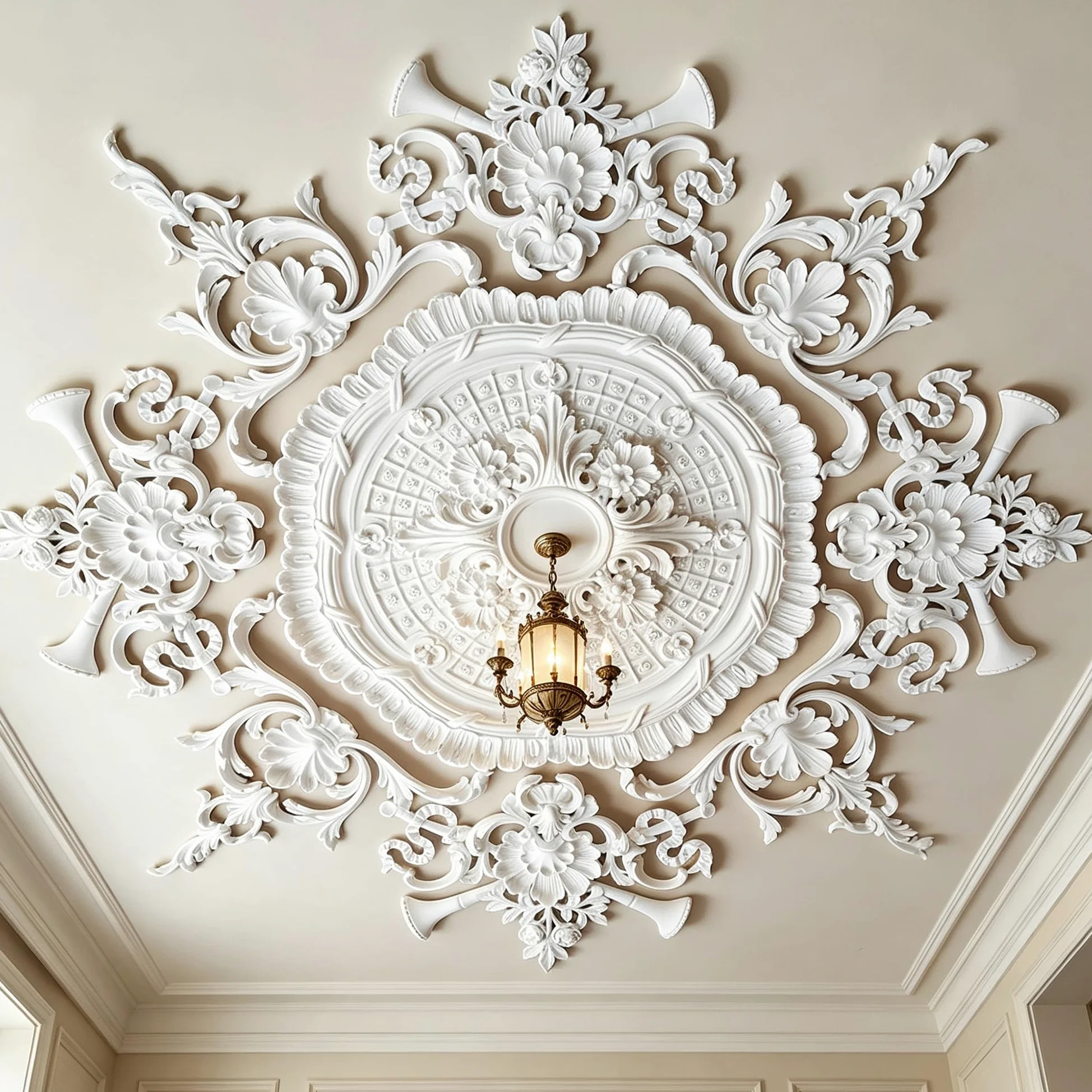 120cm Rosone Lampadario Soffitto Bianco Polistirolo Decorativo | Medaglione del Ventilatore Rotonda Moderno per Pareti Portalampada