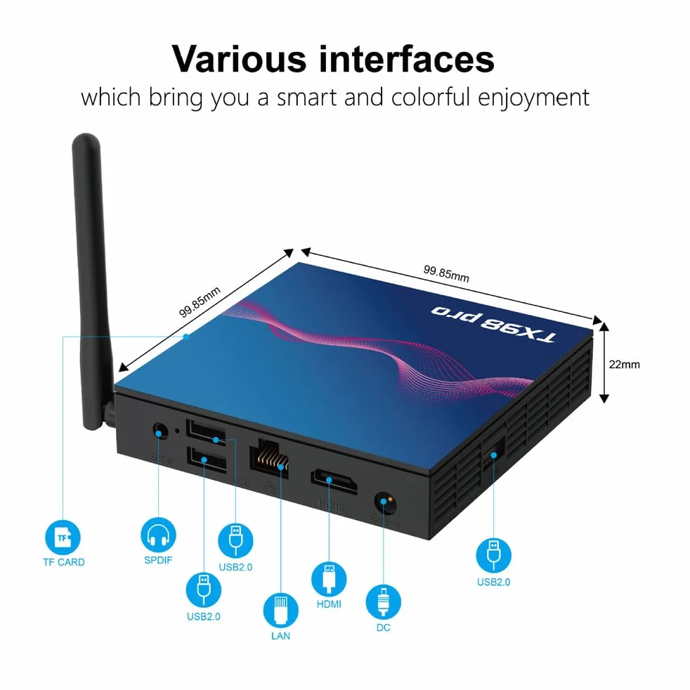 Box Android 14.0, TX98 PRO H618 Quad-Core 64Bit Cortex-A53 Mali 450 MP2 GPU Supporto 4K 3D 1080P 2.4/5.0Ghz WiFi BT5.0 10/100M Ethernet DLNA HDMI 2.0 H.265,4gb+32gb