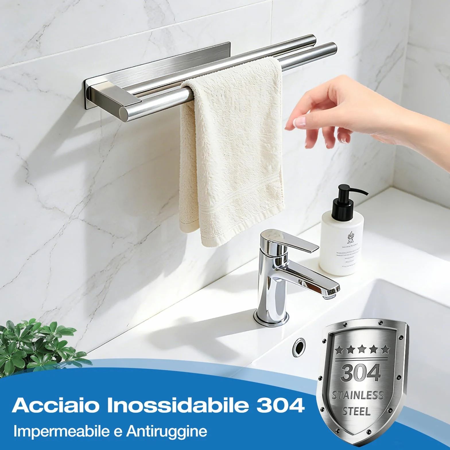 Portasciugamani Senza Foratura in Acciaio Inox SUS304 Autoadesivo 39 cm 2 Bracci Antiruggine per Bagno