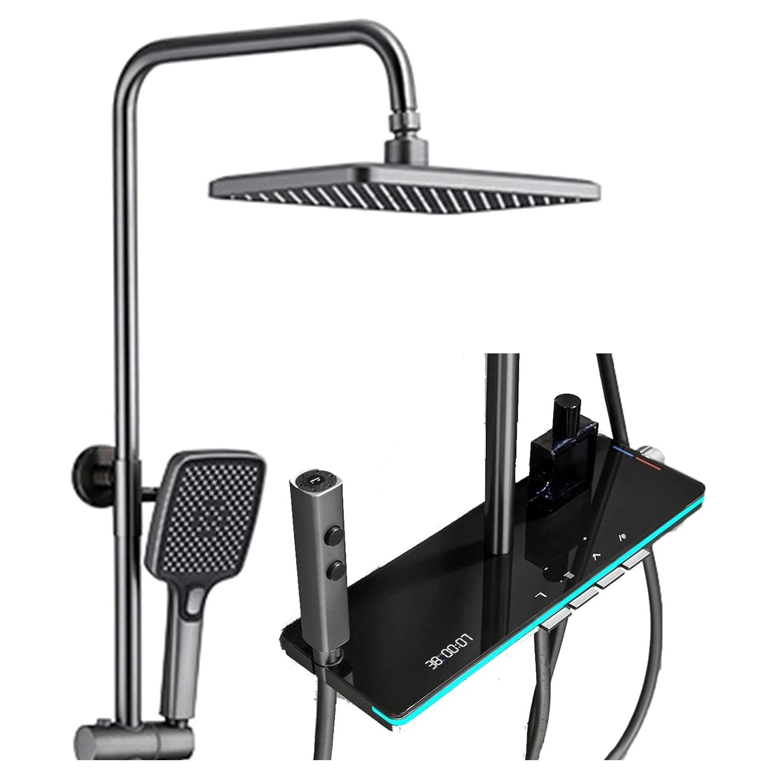 Set Doccia termostatico Grigio con Rubinetto a Parete con soffione a Pioggia ad Alta Pressione da 12", beccuccio per Vasca, doccetta Bidet, doccetta a 3 modalità