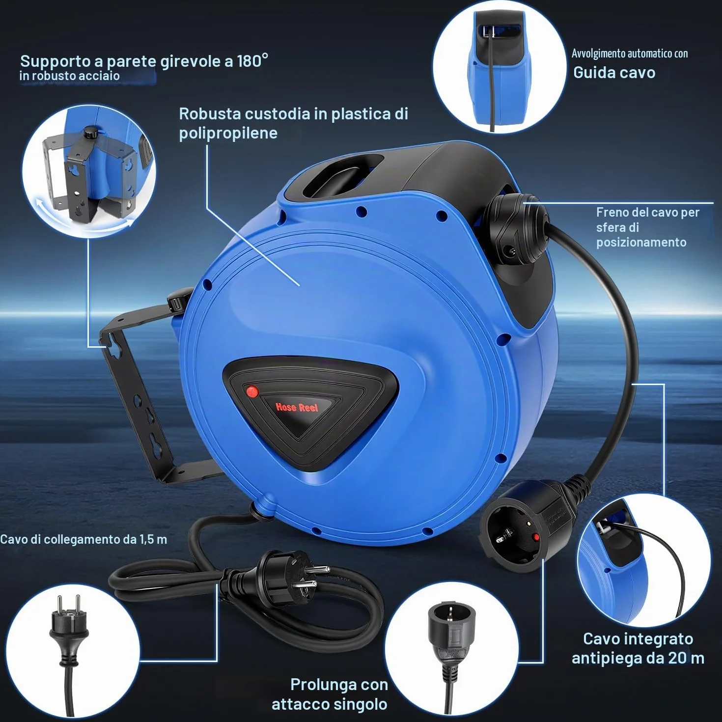 Fiqops Avvolgicavo automatico, 20 m + 1,5 m, montaggio a parete, girevole a 180°, avvolgicavo automatico per officina e stoccaggio, con funzione stop, avvolgicavo (spina singola)
