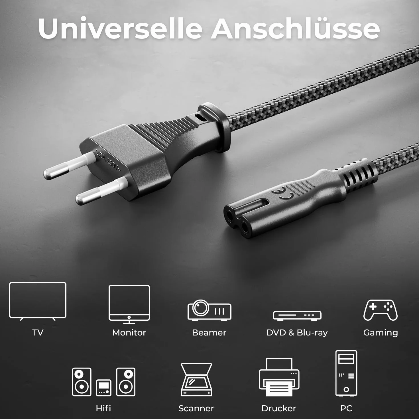 deleyCON 2m Cavo di Alimentazione Elettrico Spina Euro Tipo c a C7 (in Nylon) Connettore Piatto 2,5A per Presa C8 TV Soundbar PS4 PS5 Alimentatori Piccoli Elettrodomestici ecc. - Grigio